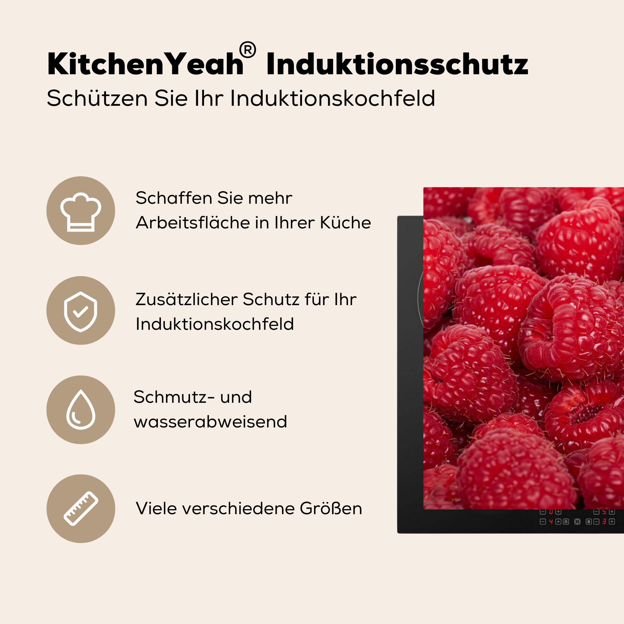MuchoWow Herdblende-/Abdeckplatte Frisch - Himbeeren 81x52 - Vinyl, cm, (1 Ceranfeldabdeckung tlg), Induktionskochfeld küche, für die Obst, Schutz