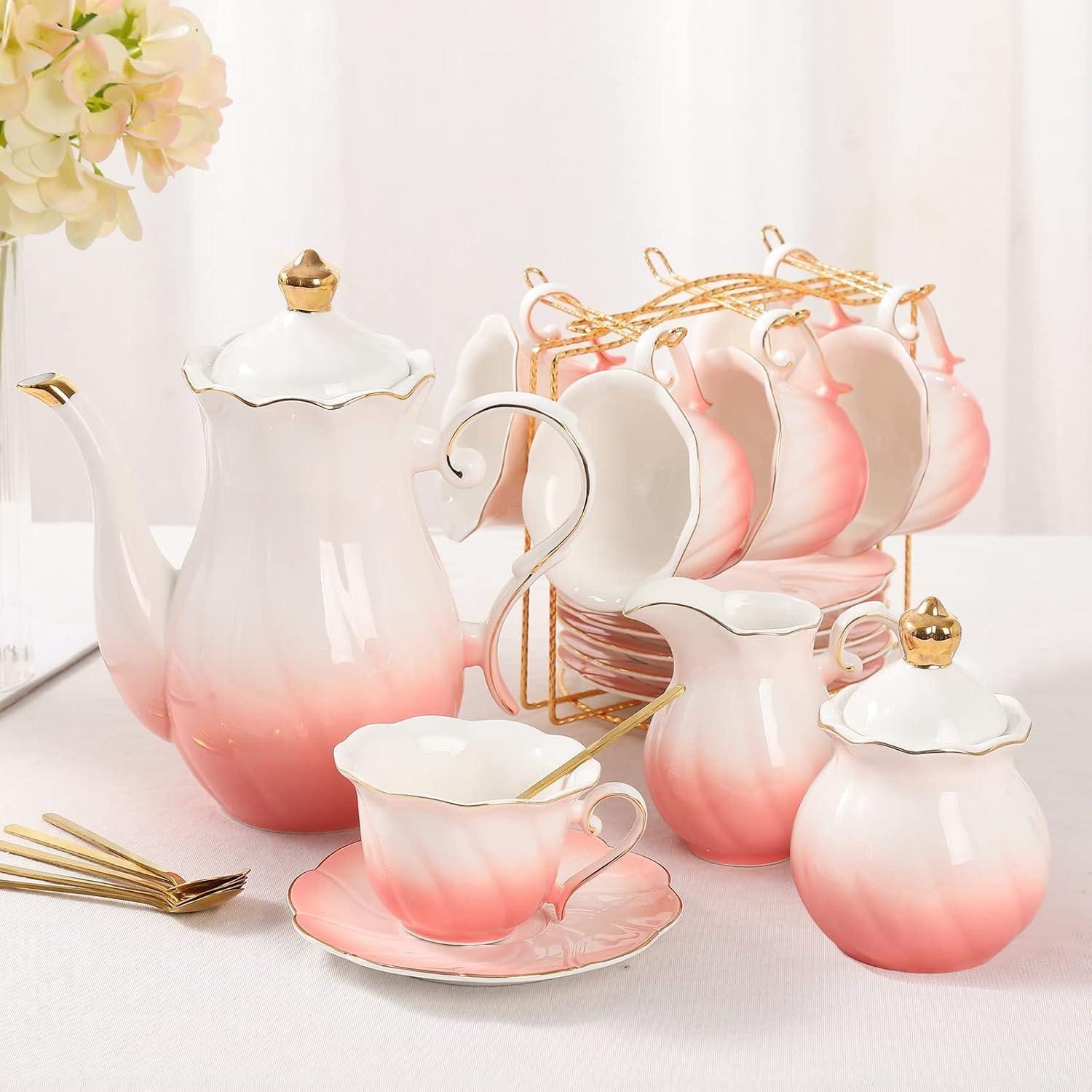 LuxusKollektion Teeservice Teeset Porzellan 22tlg 6Personen Tassen Goldrand Farbverlauf Pink
