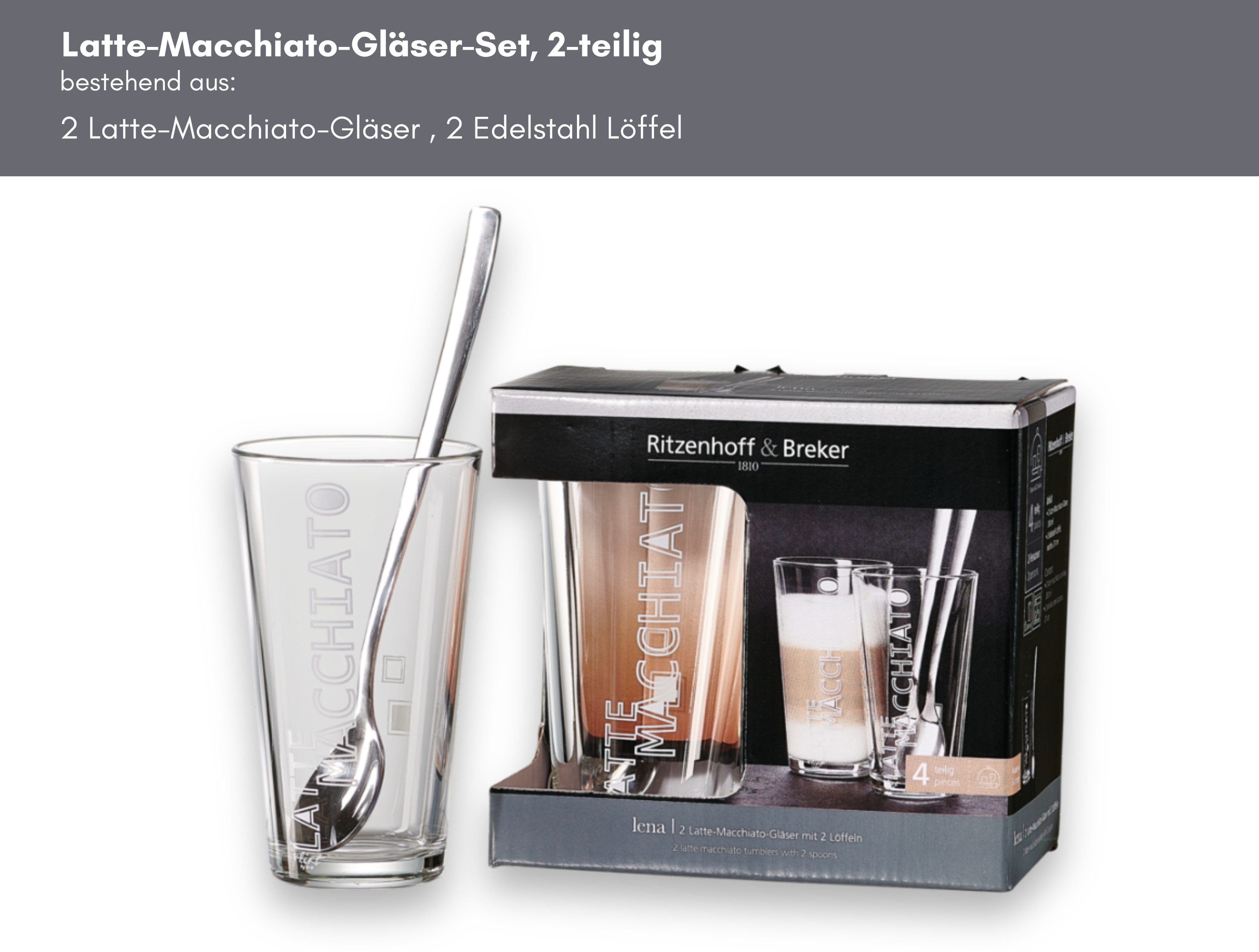 Ritzenhoff & Breker Latte-Macchiato-Glas Lena, 4-tlg., Glas, 350 ml, 4-teilig, inkl. 2 Löffel aus rostfreiem Edelstahl