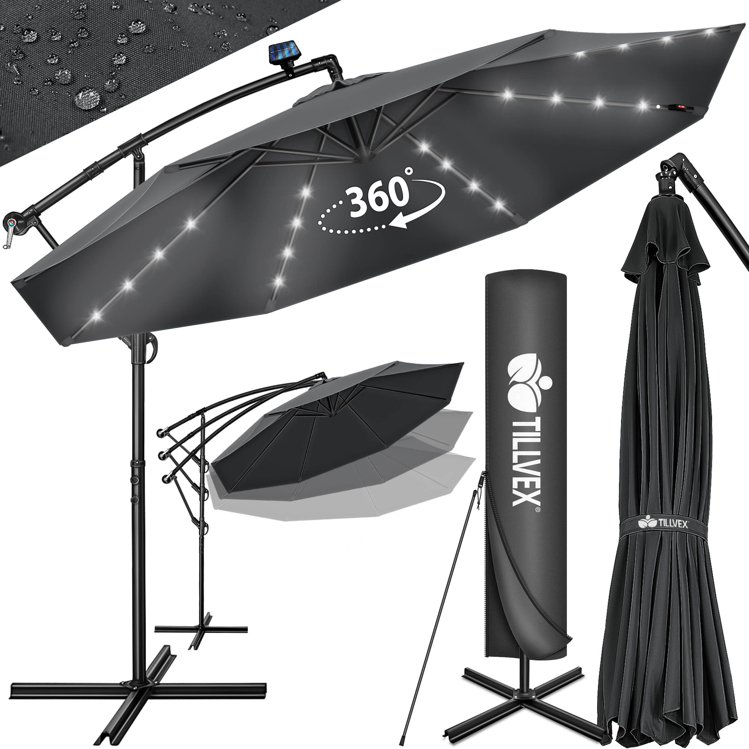 tillvex Sonnenschirm tillvex® Sonnenschirm LED Solar Ø 3m Ampelschirm Balkon Gartenschirm, Alu Ampelschirm + Abdeckung LED Solar Ø 350 cm mit Kurbel, Abdeckung + Ständer, Gartenschirm UV-Schutz Aluminium, Kurbelschirm Marktschirm wasserdicht 360° drehbar