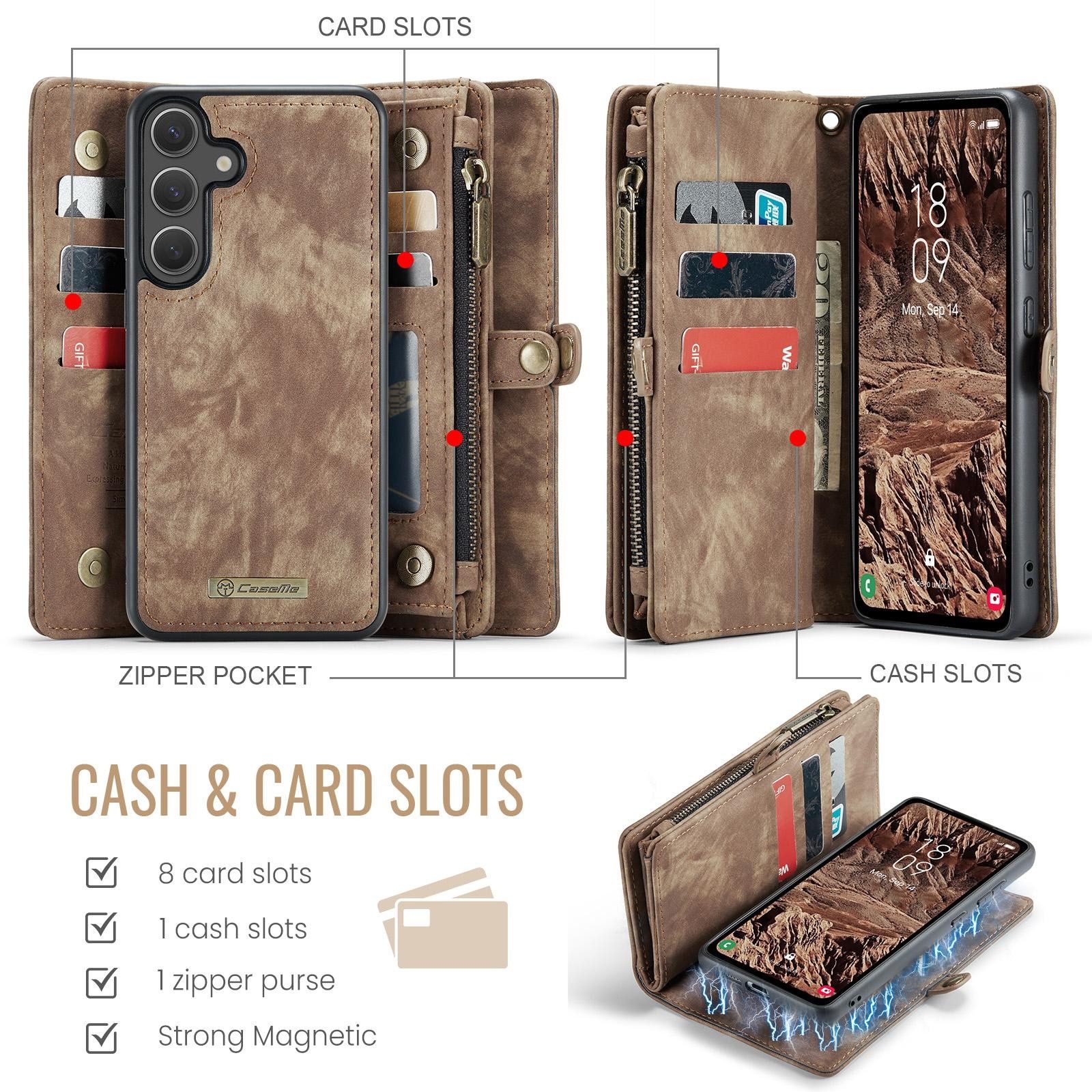 CaseMe Handyhülle Für Samsung Galaxy S25 5G Kunstleder Multifunktion Tasche Hülle Braun, Kunst-Leder Schutz Tasche Smart Case Multifunktion