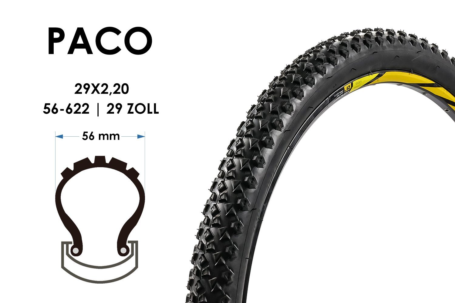 Paco Fahrradreifen 29 Zoll Fahrrad MTB Reifen PACO 29x2.20 Tire 56-622 Schwarz