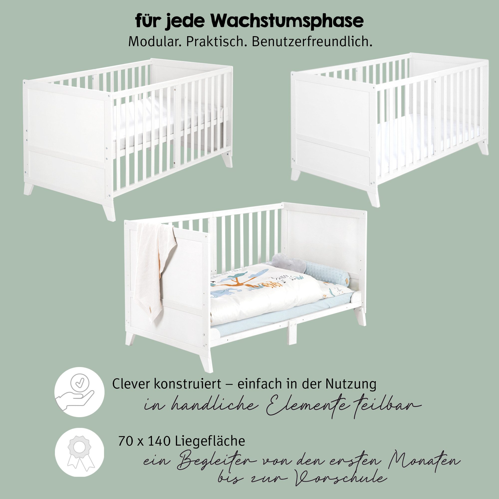 roba® Komplettbett Savanna Friends oder Woodland Buddies 70x140 cm - niedliche Designs, mit Bettwäsche, Himmel & Matratze - Mitwachsendes Babybett - Naturgrau – Bild 3 von 5