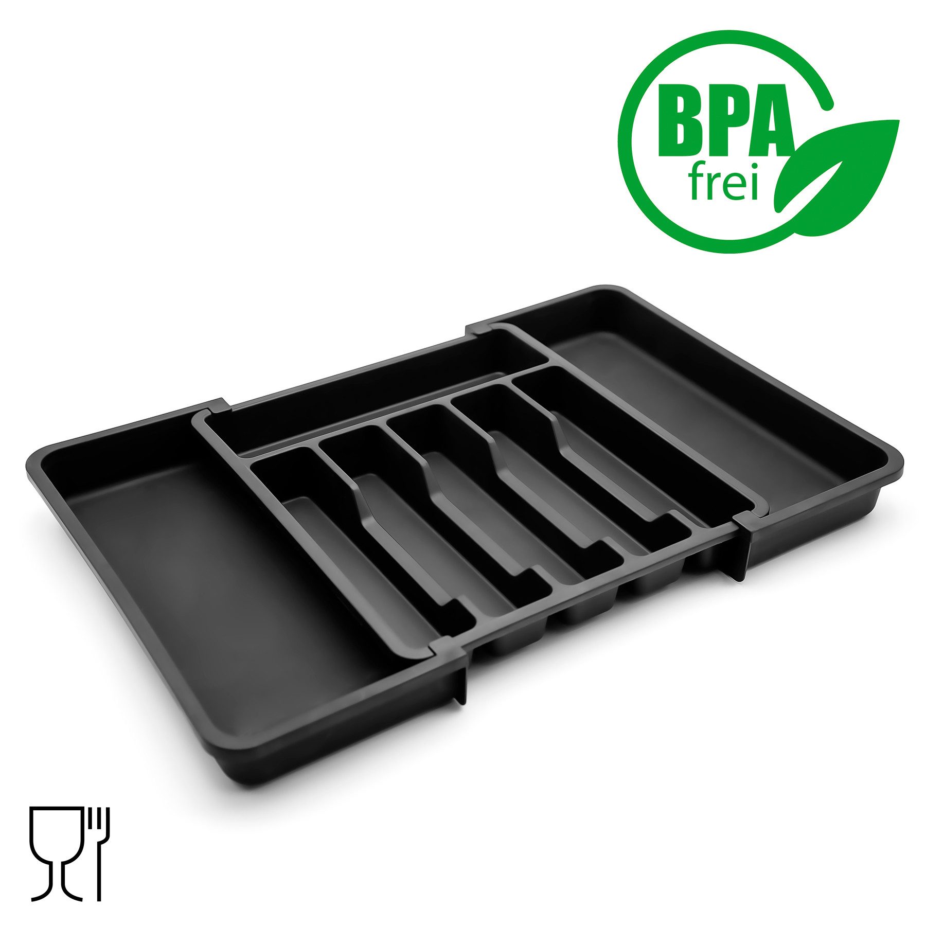 BigDean Besteckeinsatz Schubladen Organizer aus Kunststoff in Schwarz (Set, 1 St., Besteckeinsatz), Platzsparend, Optimale Organisation, Flexibel Anpassbar