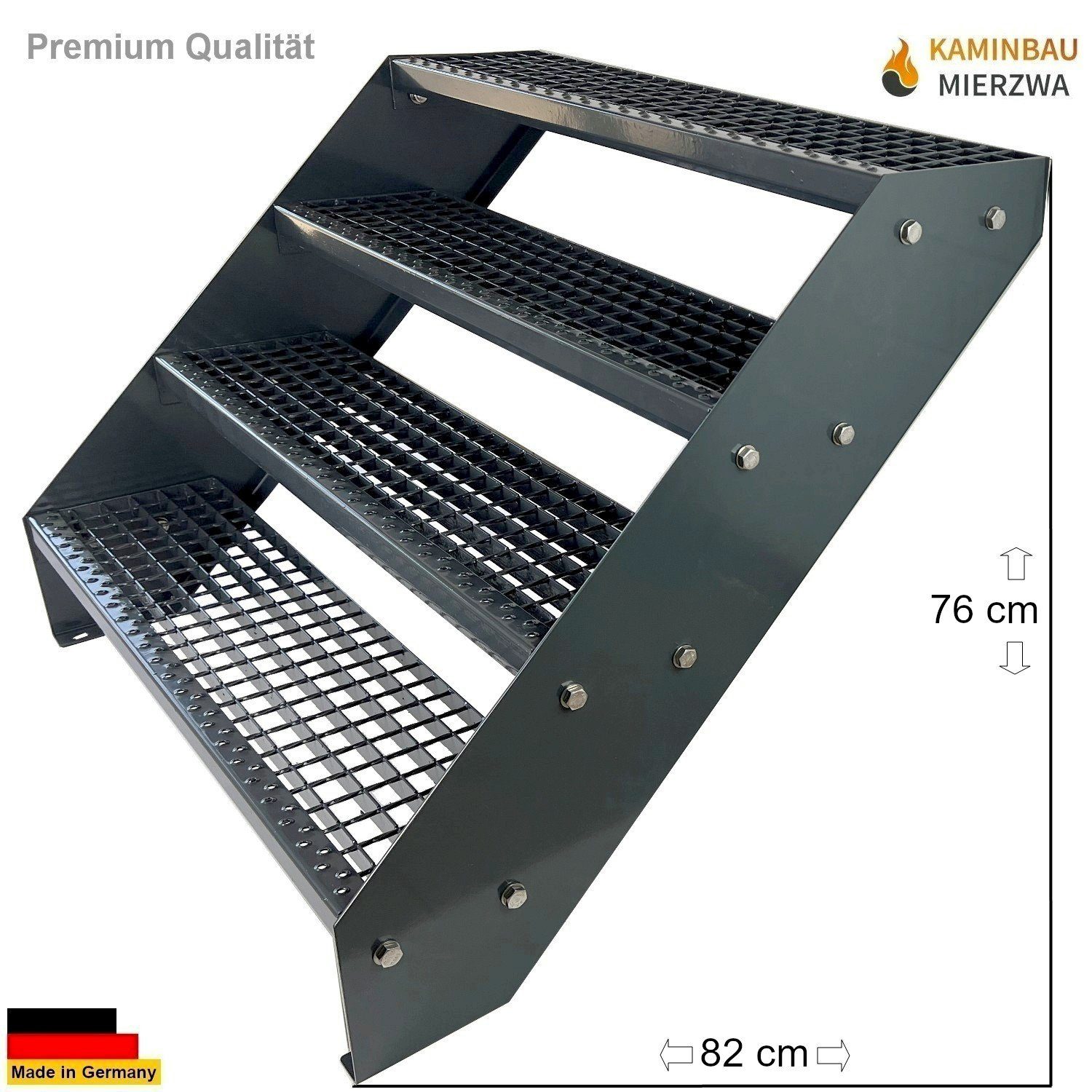 Kaminbau Mierzwa Außentreppe Premium Treppe Komplett Anthrazit Höhe Verstellbar, für Geschosshöhen bis 76 cm, Stufen Gitterroststufen nach DIN 24531, (Höhe 76 cm, Breite wählbar aus 60, 80, 100, 120, 140 cm), Gartentreppe Stahltreppe Wetterfest Rostfrei Feuer-Verzinkt Rutschfest