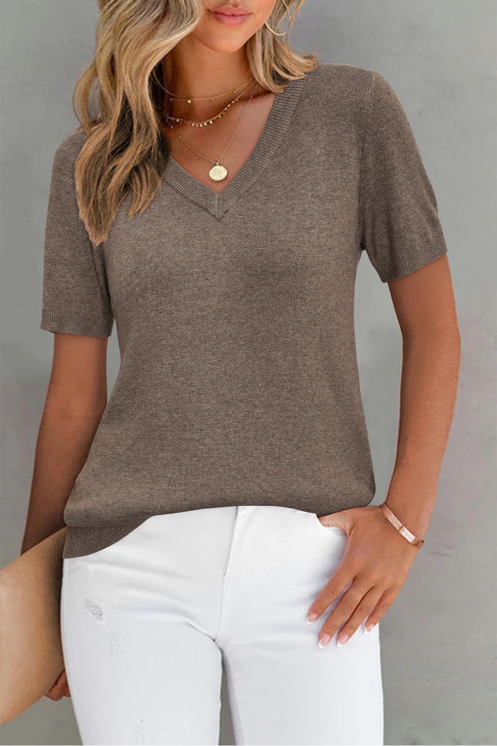 Arach&Cloz Kurzarmpullover Damen Pullover Wollmischung Kurzarm V Ausschnitt günstig online kaufen