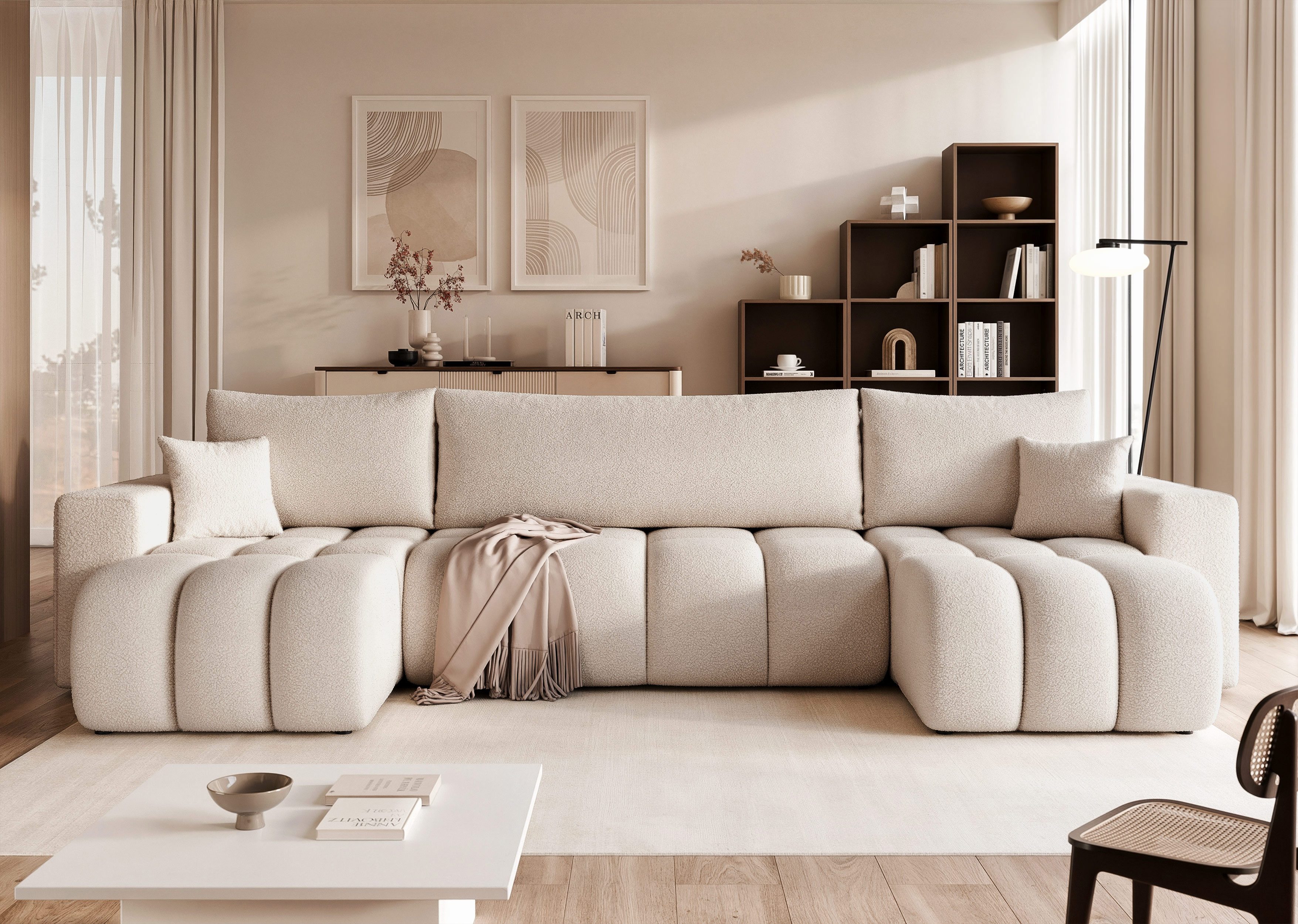 yourhouse24 Wohnlandschaft XXL U-Sofa OLI U mit tiefer Steppung (318 cm) – Bouclé-Stoff, Seite universal