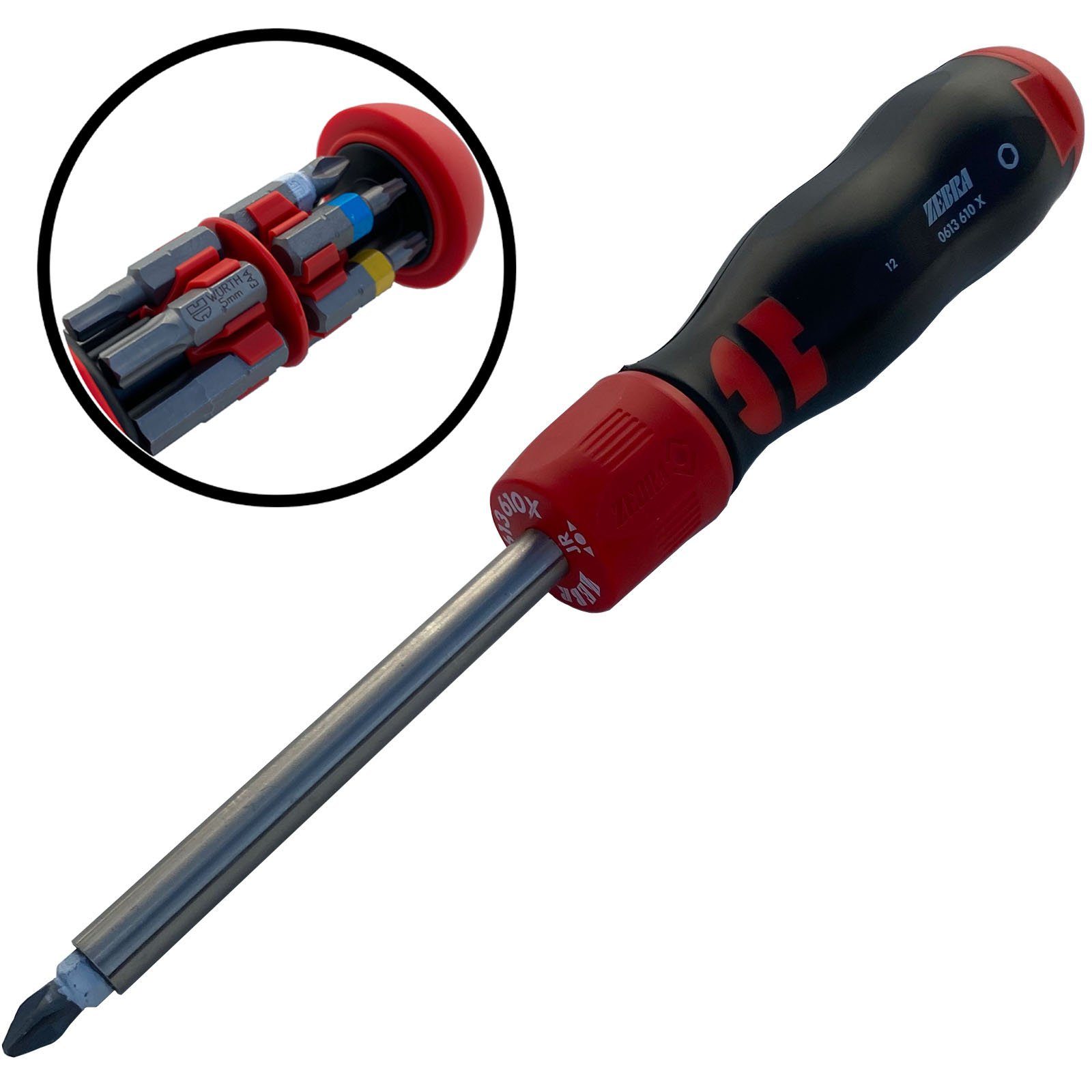 Würth Bohrer- und Bit-Set Zebra Magazinschraubendreher mit Ratsche 1/4 Zoll Auto/Metall, (mit 12 Bits)