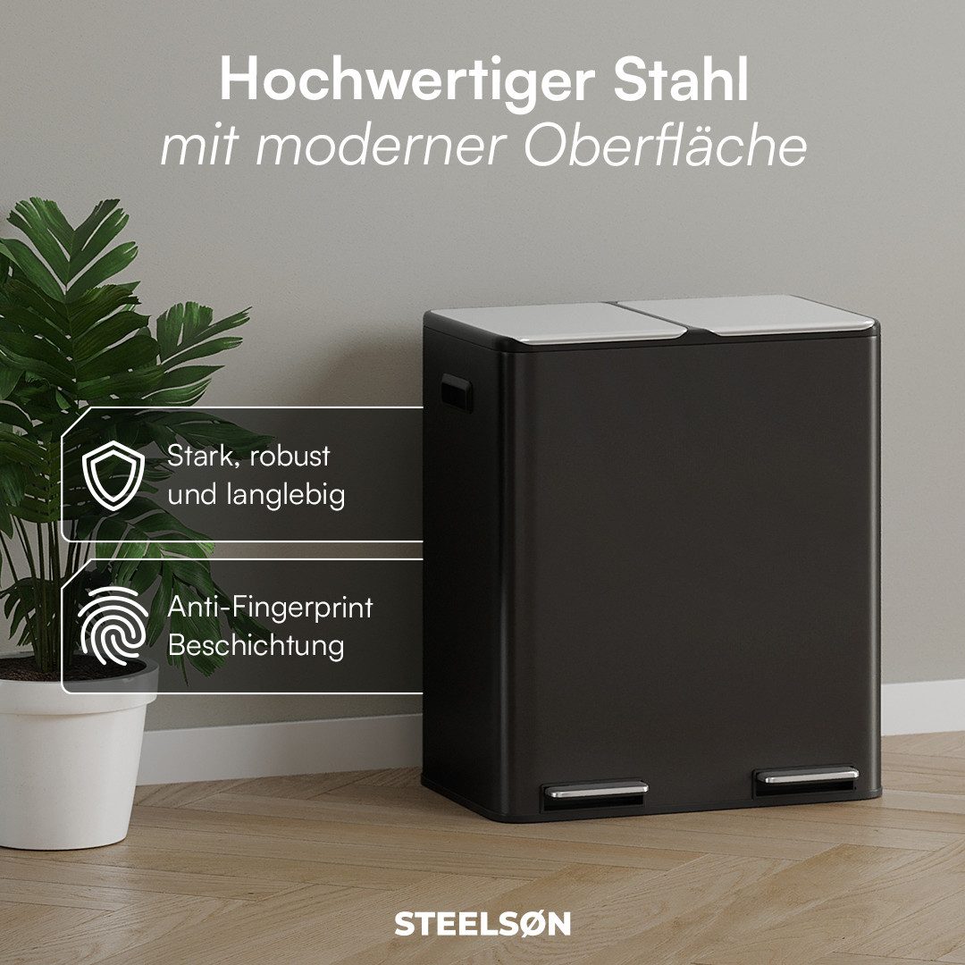 STEELSØN Mülleimer Elyron 2x30 Liter, Abfalleimer aus Edelstahl, mit Soft-Close-Funktion & Inneneimer