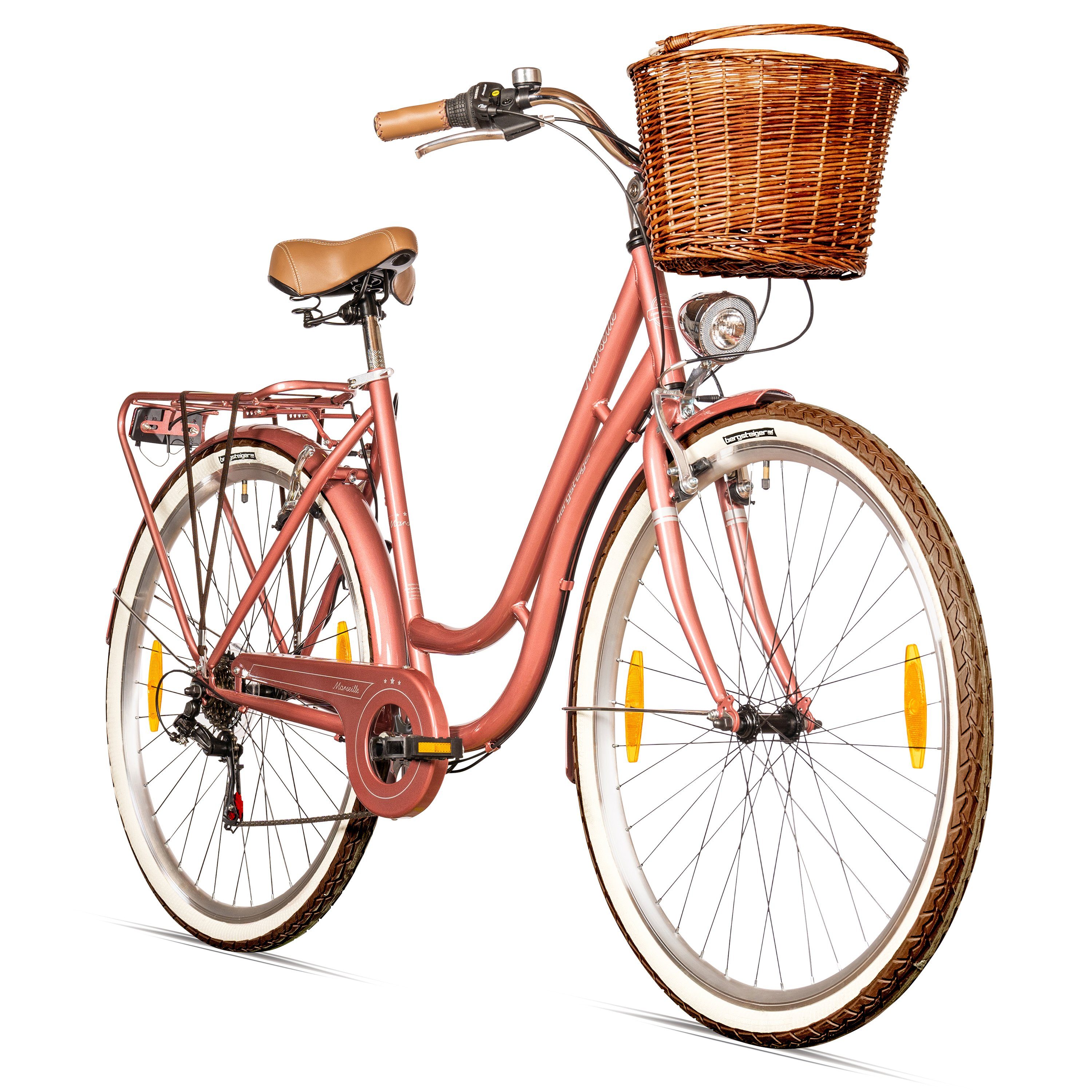 bergsteiger Cityrad Marseille 26 Zoll, 28 Zoll Damenfahrrad, ab 150 cm, Korb aus Rattan, 6 Gang, Kettenschaltung, V-Bremsen