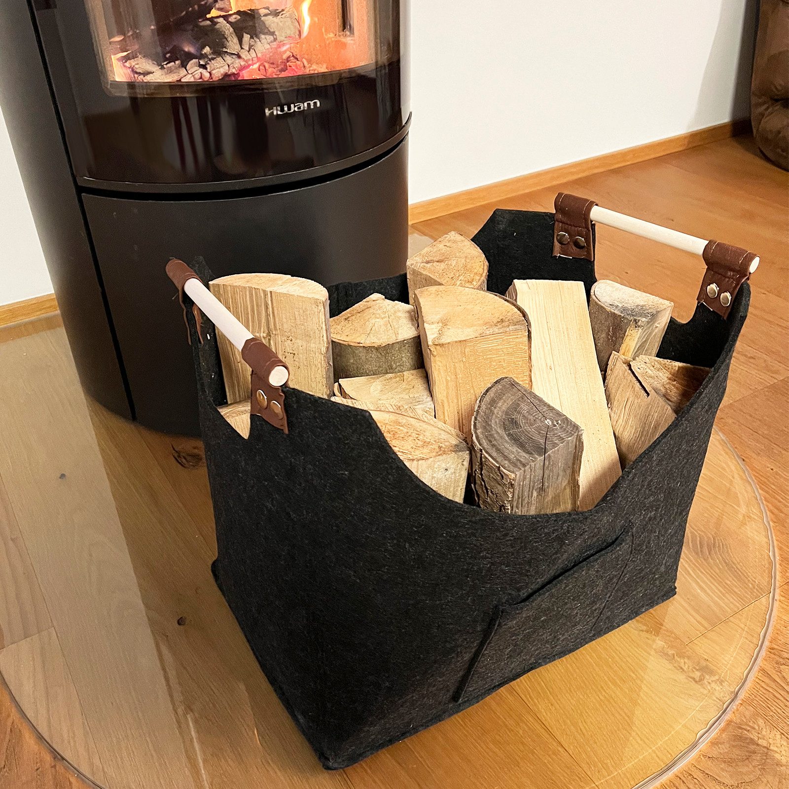 Karat Allzweckkorb Filztasche Vesta, Verstärkter Holzgriff, Faltbar, Kaminholztasche, Einkaufstasche – Bild 5 von 5
