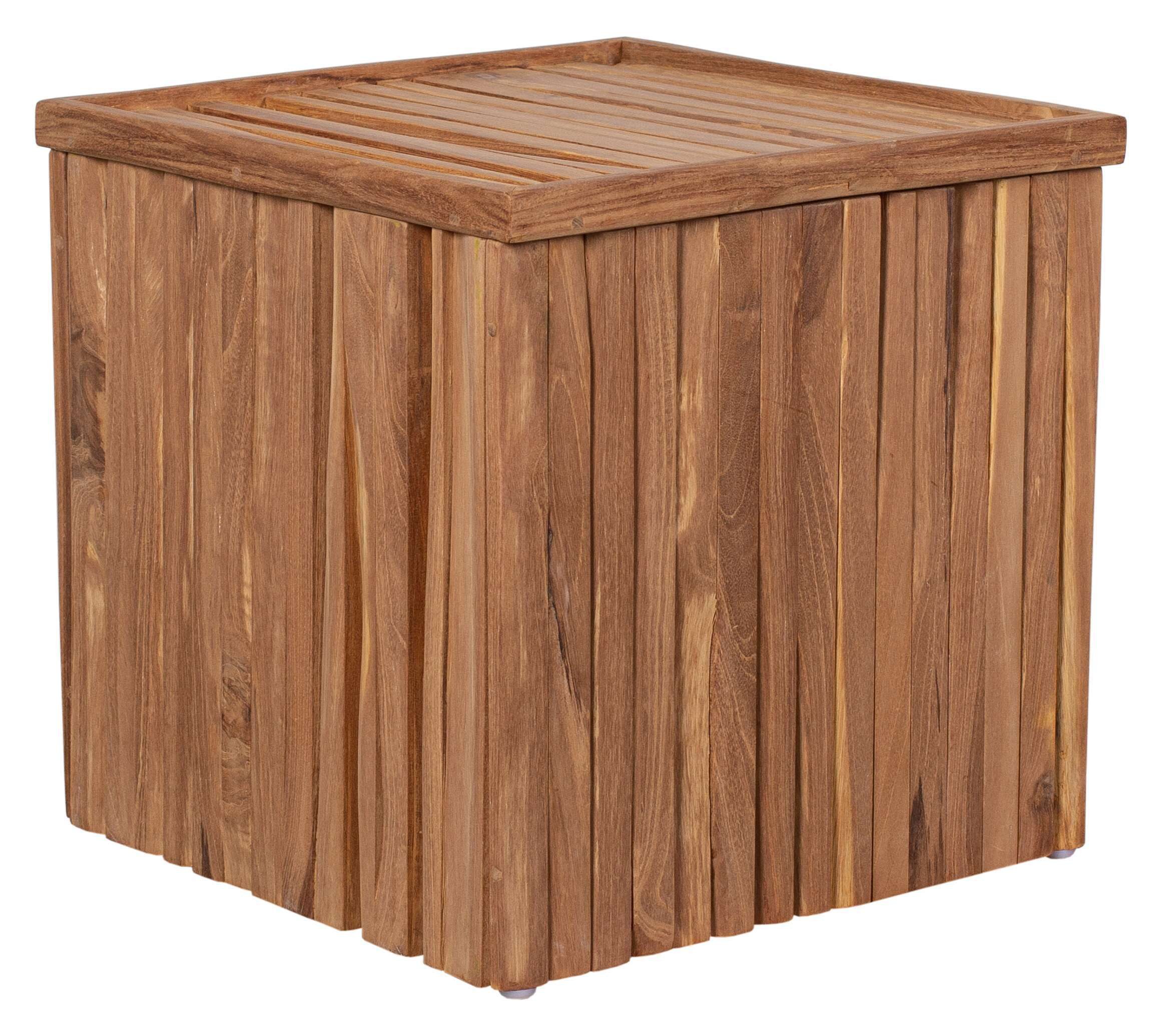 MR.DEKO Stauraumhocker Oxford mit Sitzkissen 45 cm Teak Aufbewahrungsbox wetterfest (Ideal zu Deckchairs kombinierbar – für drinnen & draußen geeignet, 1 St), Plantagen-Teak Vollholz – wetterfest, vielseitig, Stauraum
