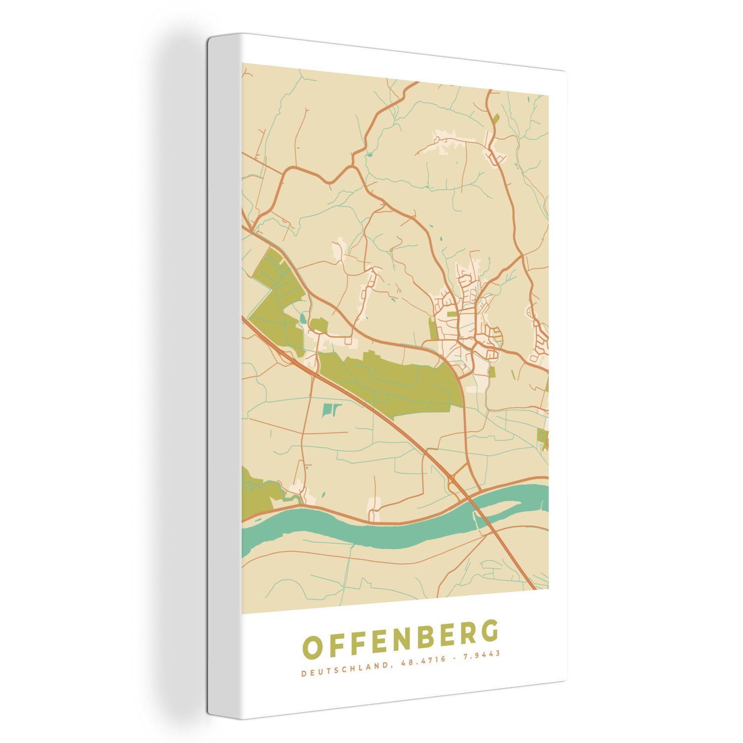 OneMillionCanvasses® Leinwandbild Jahrgang - Stadtplan - Offenberg - Karte, (1 St), Leinwandbild fertig bespannt inkl. Zackenaufhänger, Gemälde, 20x30 cm