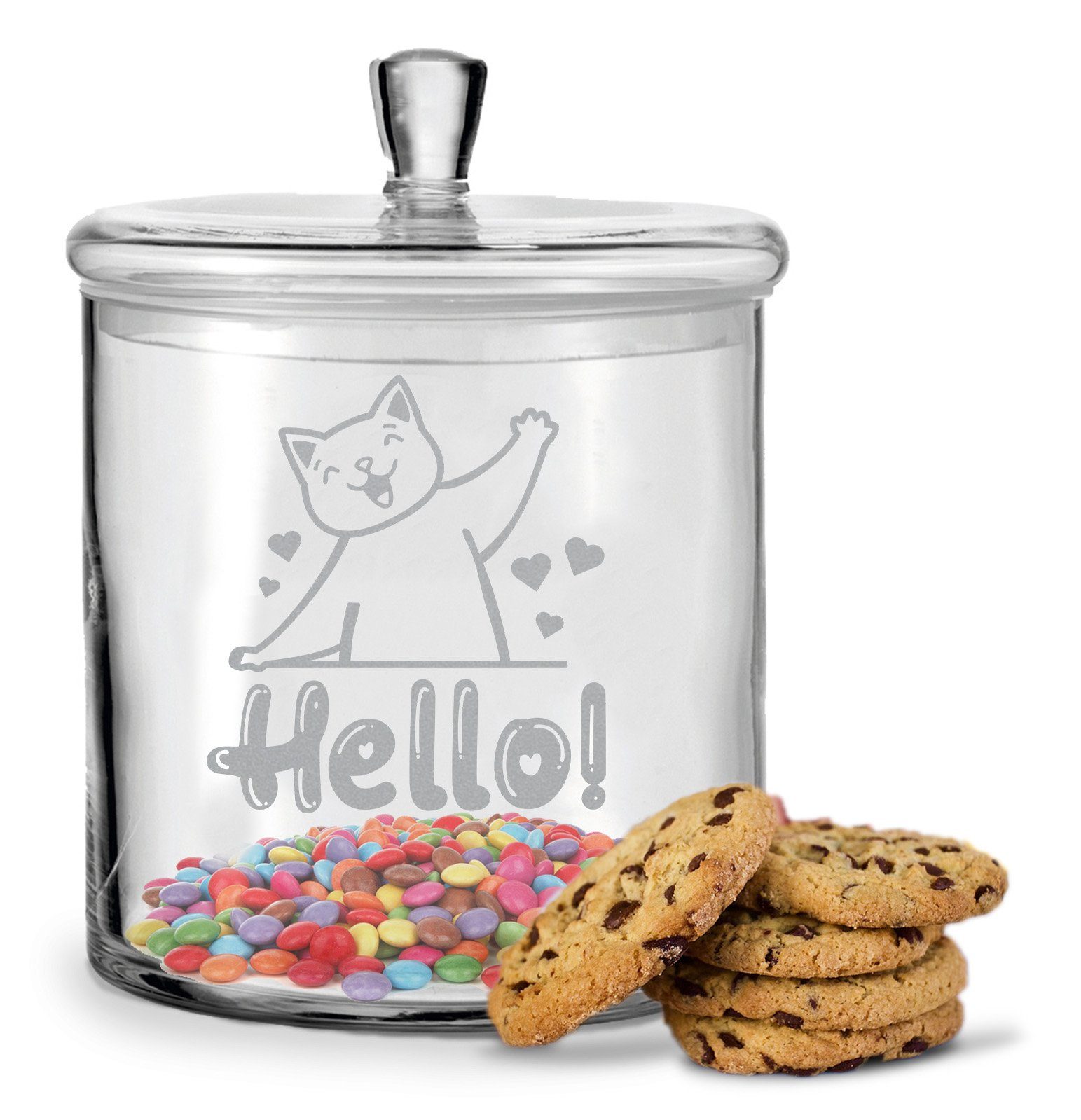 GRAVURZEILE Keksdose mit Gravur - Hello Cat - Keksdose mit luftdichtem Deckel, Glas, Handgefertigte Glasdose mit Deckel für Partner, Freunde & Familie