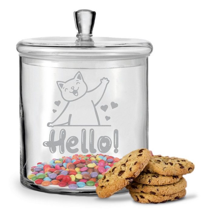 GRAVURZEILE Keksdose Leonardo Keksglas mit Gravur Hello Cat für Freunde und Famile Glas