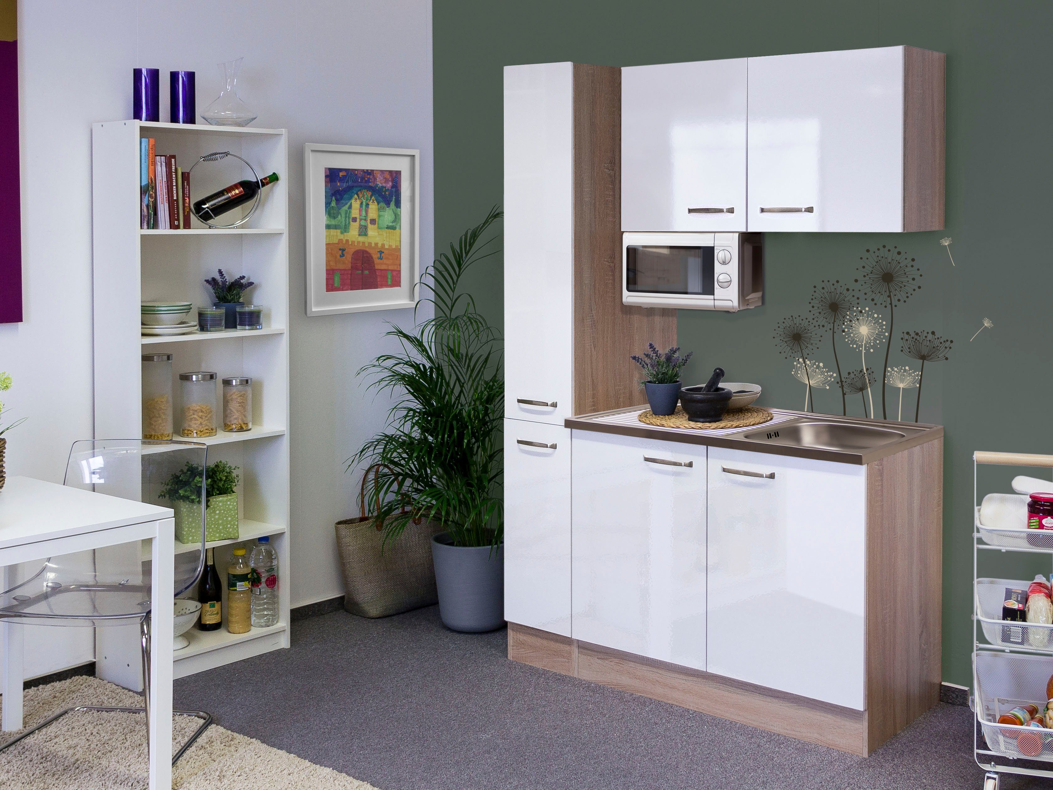 Flex-Well Küchenzeile Florenz, Gesamtbreite 130 cm, mit Apothekerschrank und Mikrowelle, viele Farben