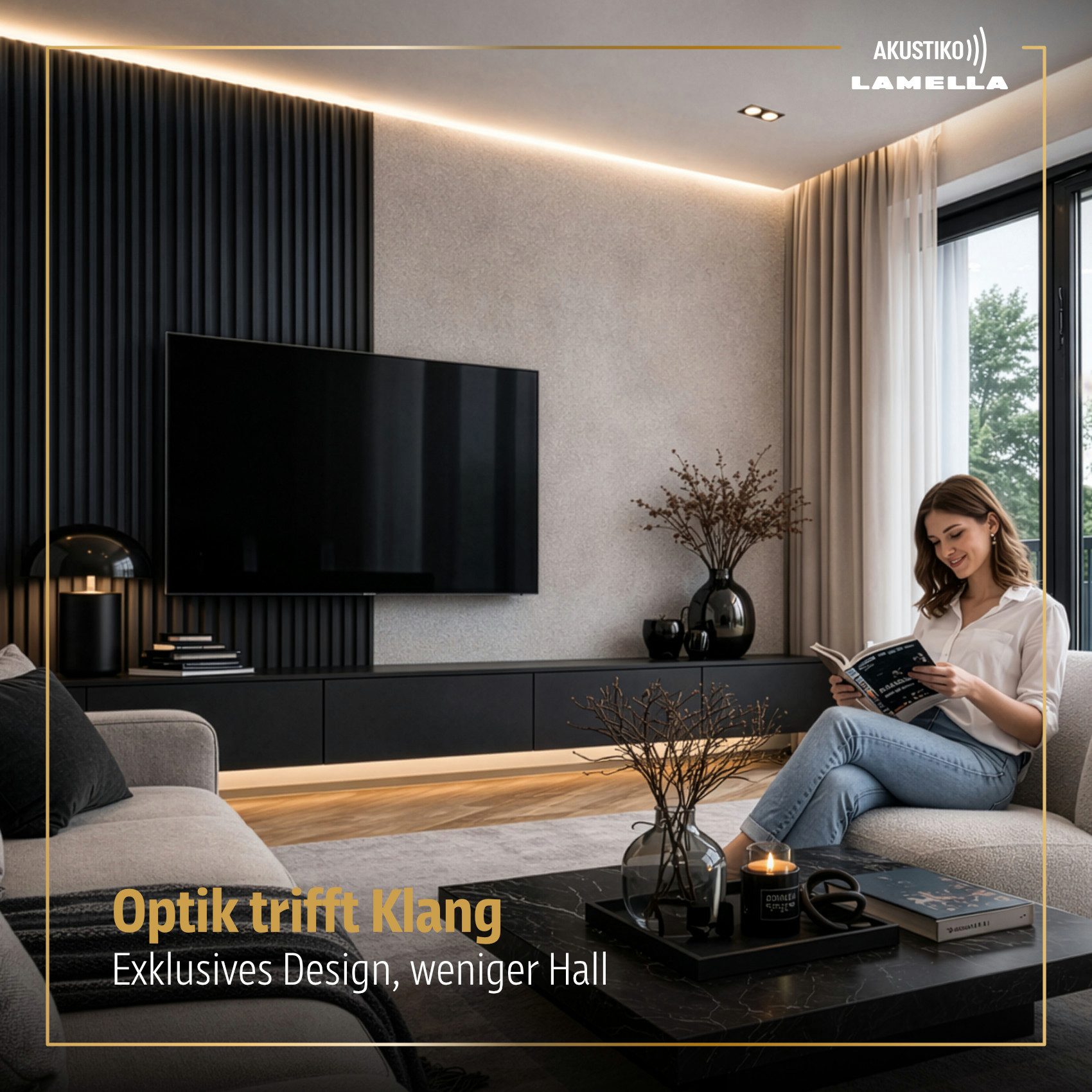 AKUSTIKO Wanddekoobjekt (Lamella Akustikpaneele 4 Stück 280x60cm - flexible Filz MDF Wandpaneele fugenlos - überlappende Holz Lamellenwand, TV Rückwand - Akusti – Bild 4 von 5