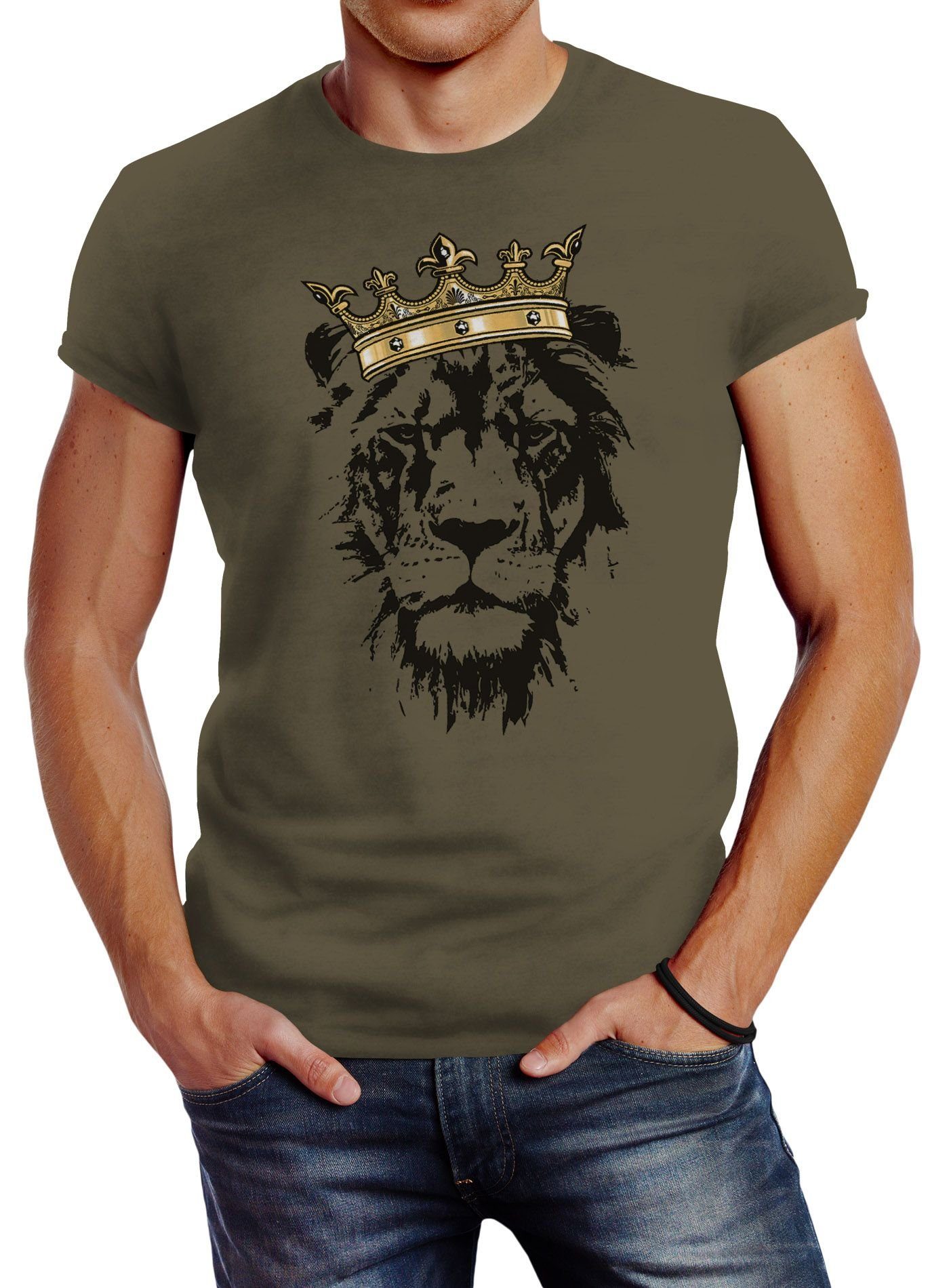Fit mit Neverless® Krone mit der König Tiere Print-Shirt T-Shirt Neverless Herren grün Slim Löwen-Kopf Print