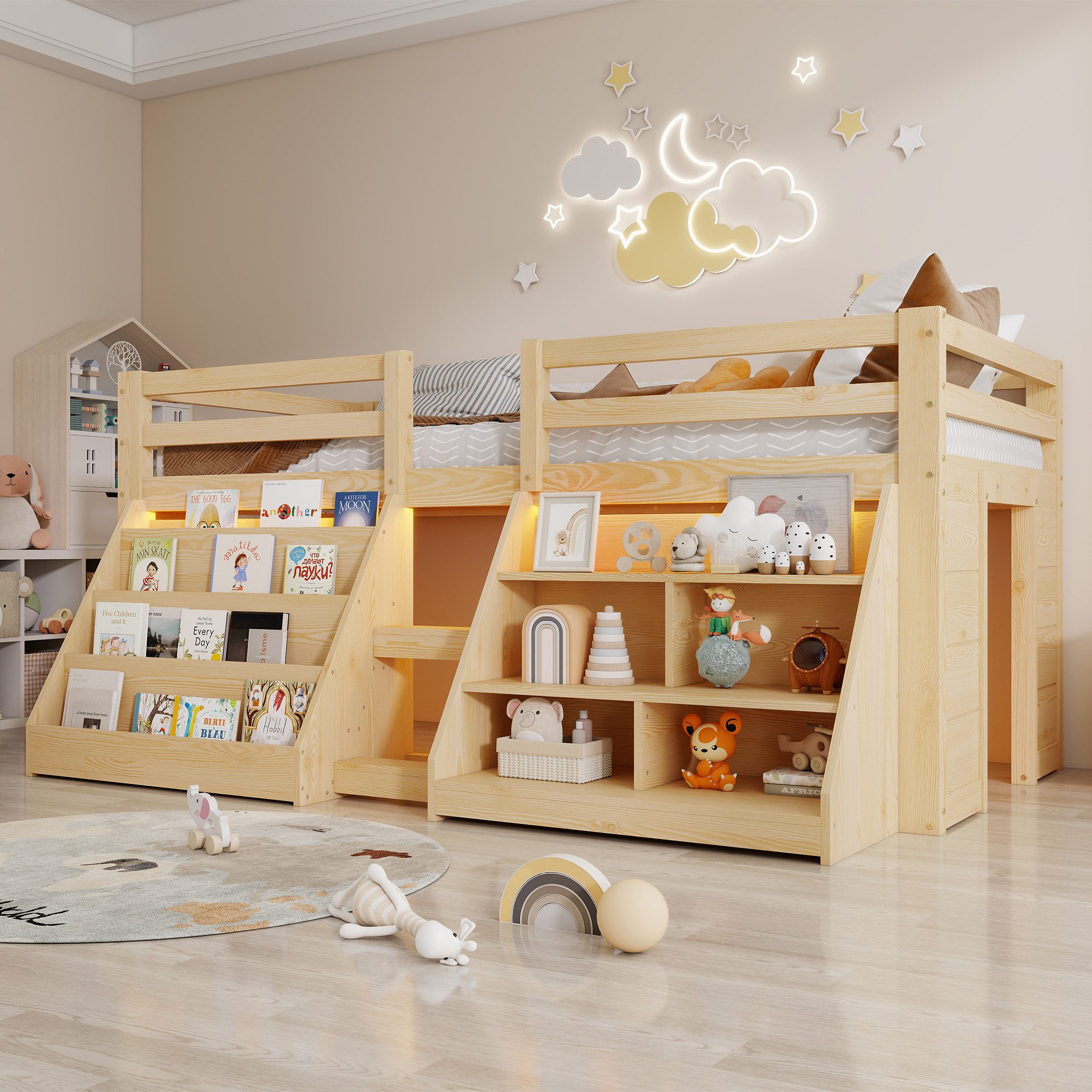 Flieks Hochbett Kinderbett Halbhochbett Holzbett 90x200cm mit 2 Stauraumregal und LED