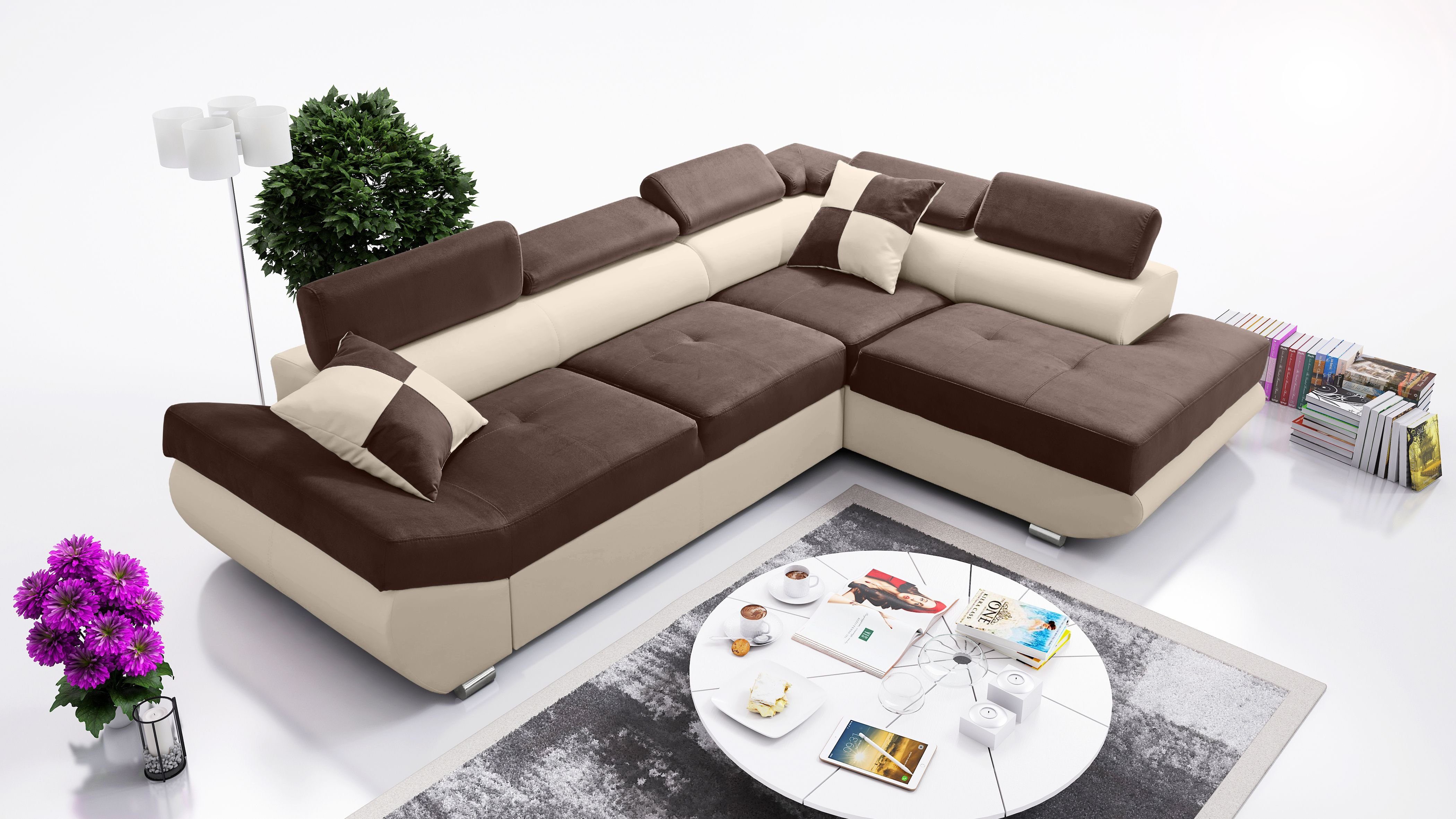 robin mit inkl. BROWN+CREAMY Ecksofa Saturn 2 Sofa Kissen L-Form Schlaffunktion