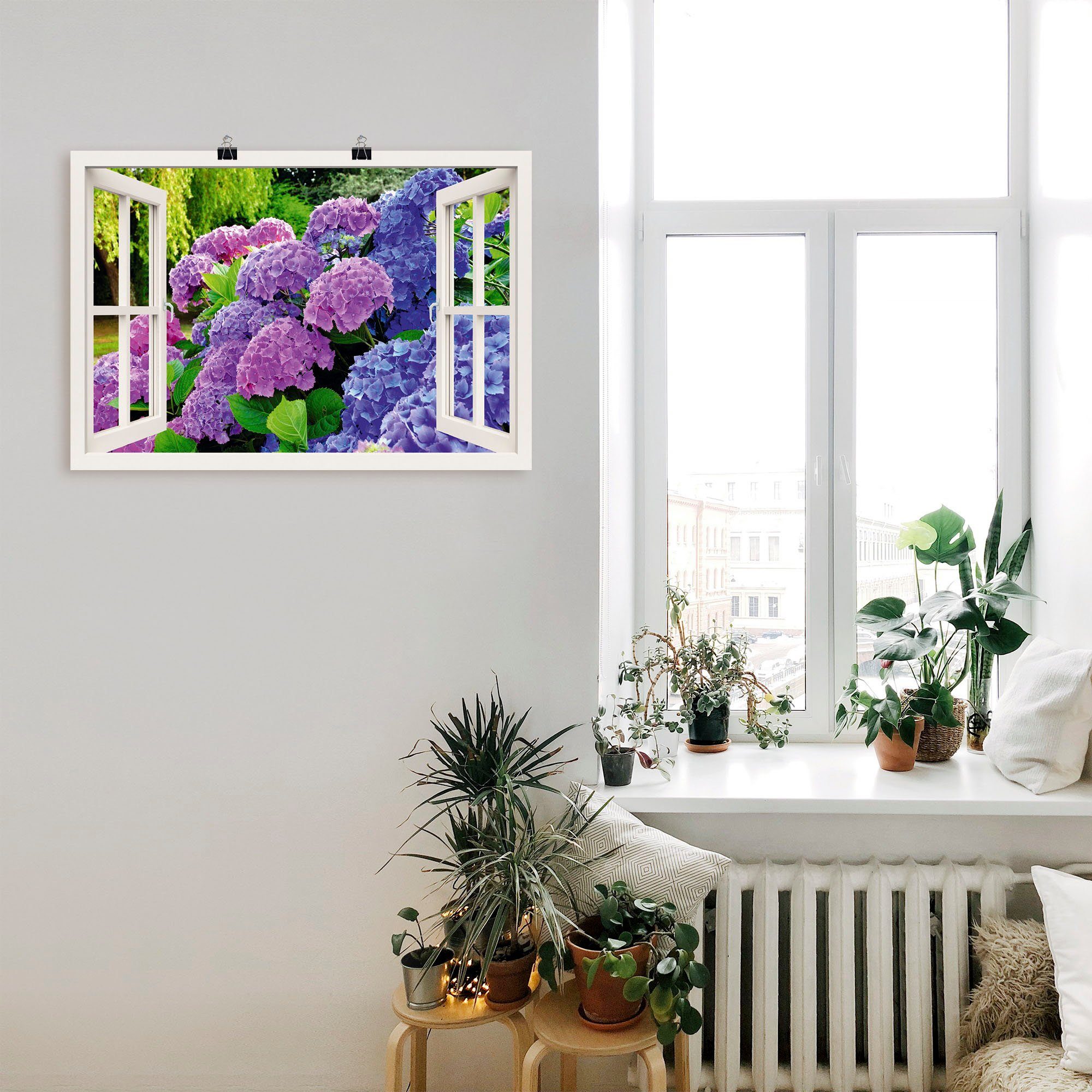 Artland Poster Fensterblick Hortensien im Garten, Blumen (1 St), ohne Rahmen