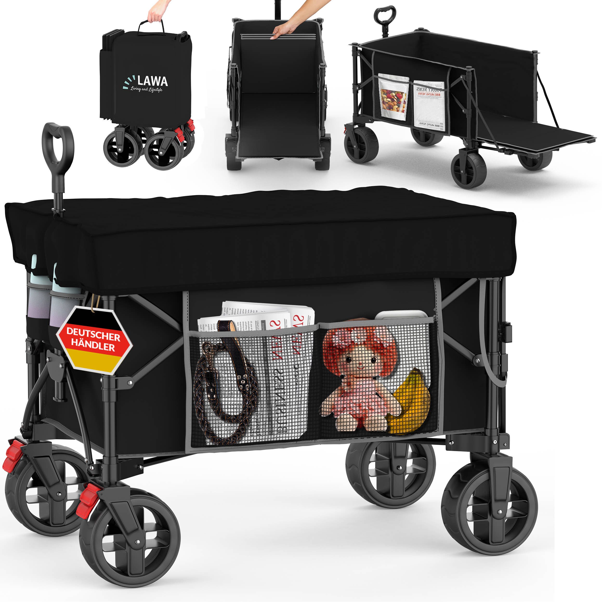 LAWA Living and Lifestyle Bollerwagen Stoffdach Bremse 100kg kleines Packmaß 10kg leicht Handwagen faltbar, mit Heckklappe, verlängerbar, 110cm Teleskopgriff, Seitentasche