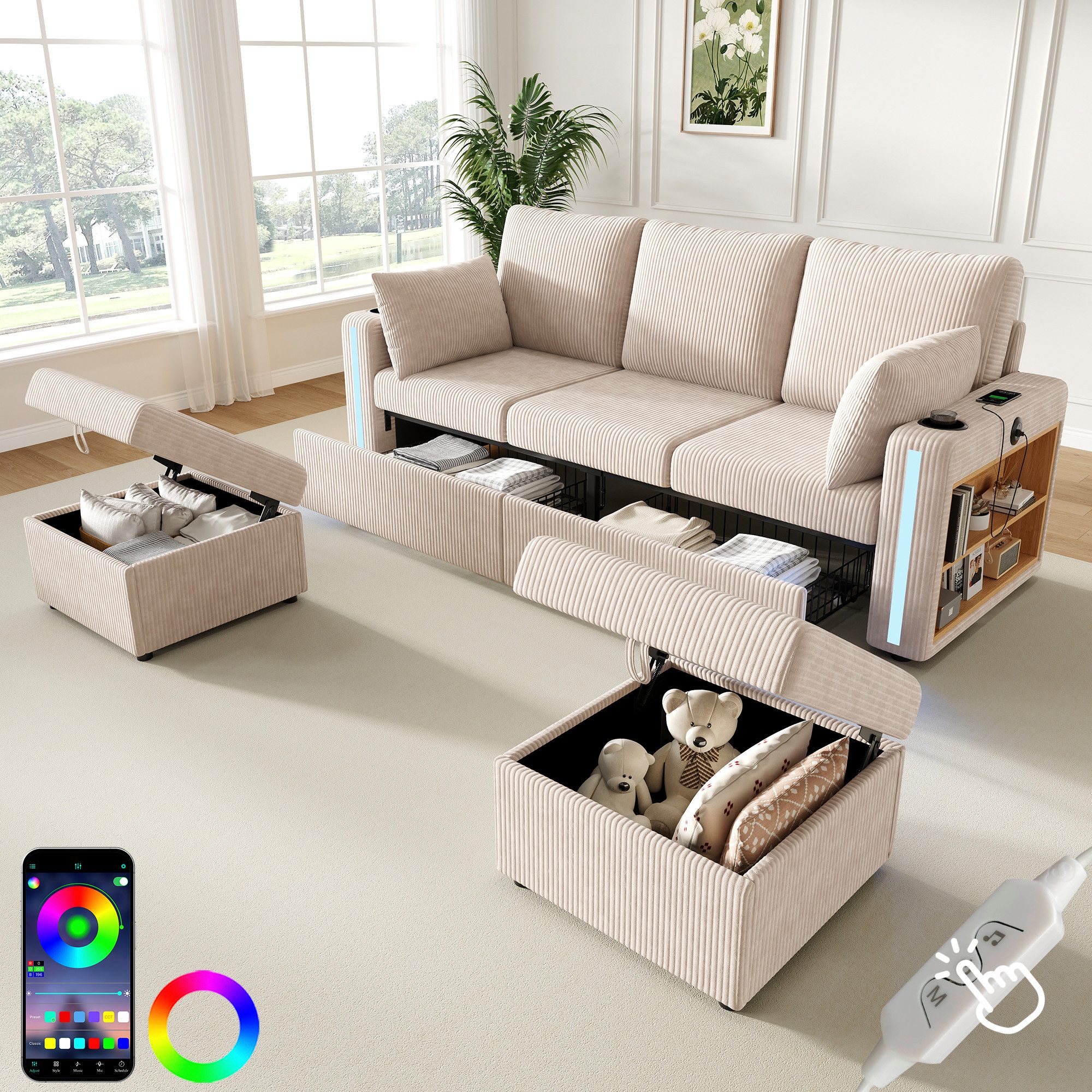 Merax Sofa 5-Sitzer-Sofa mit LED-Beleuchtung, USB/Type-C-Ladeanschlüssen, U-/L-Form Sofa, 190x130x85cm 1 Teile, Modulares Sofa mit 2 Stauraumhockern, Getränkehalter & Schubladen