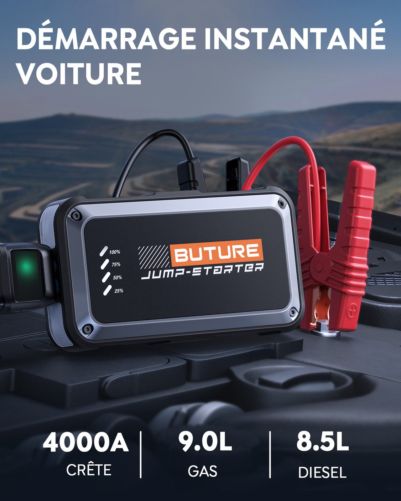 Buture Auto Starthilfe Powerbank 4000A 12V Starthilfegerät 16800 mAh (12 V), 4-in-1 LED-Leuchte, 9,0L Benzin Oder 8,5L Diesel, -20°C bis 60°C – Bild 2 von 5