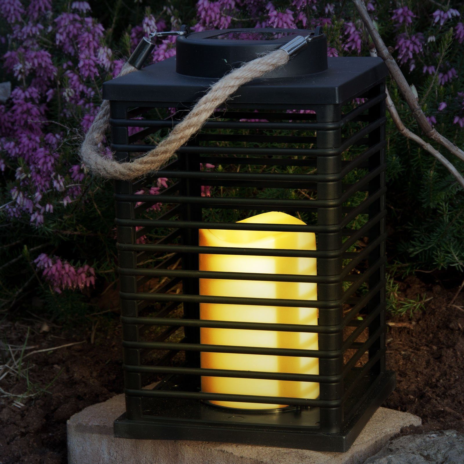 Laterne Solarleuchte mit Kerze LED Laterne Solar Grafner Solar mit Außen warmweiß, LED 24cm Windlicht integriert, fest LED Kordel, LED