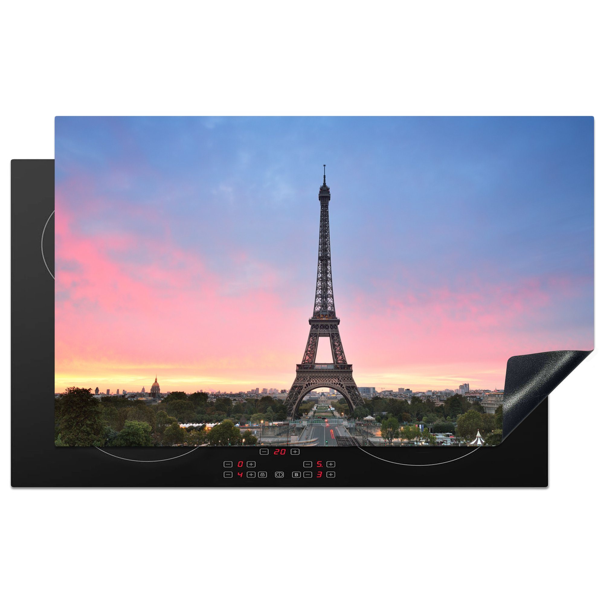 MuchoWow Herdblende-/Abdeckplatte Paris - Eiffelturm - Sonne, Vinyl, (1 tlg), 83x51 cm, Ceranfeldabdeckung, Arbeitsplatte für küche