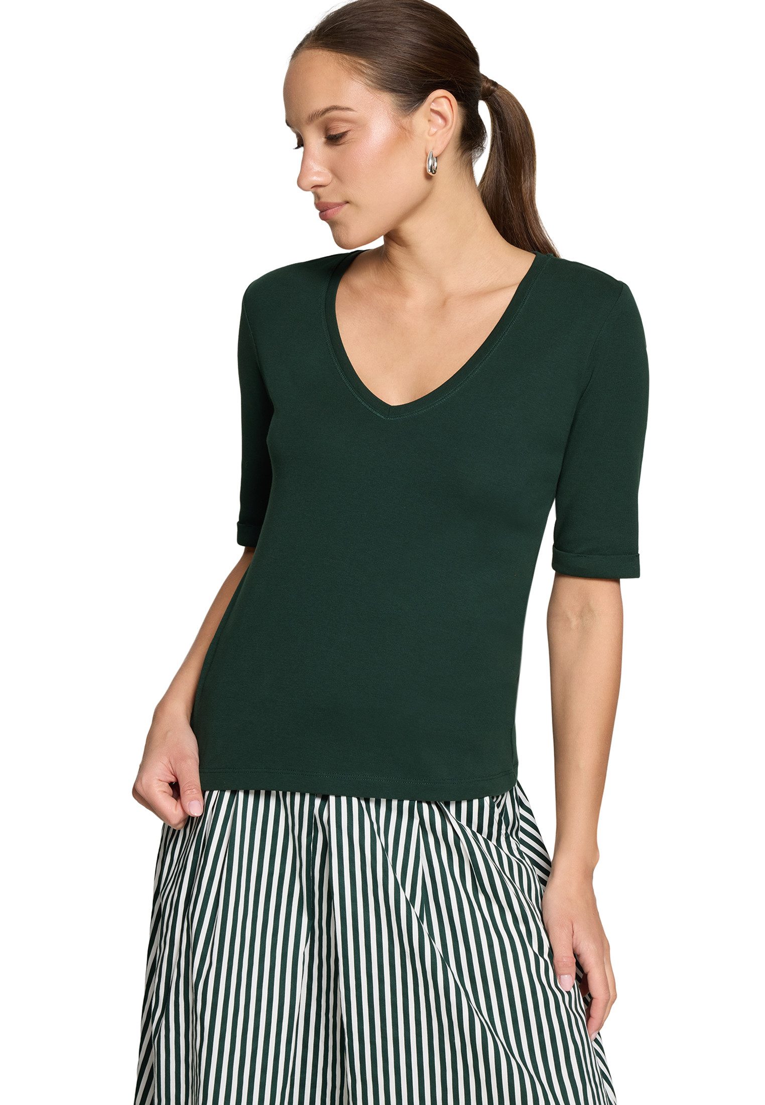 Zero Kurzarmshirt Damen Shirt mit V-Ausschnitt (1-tlg) Aufschlag / Krempel