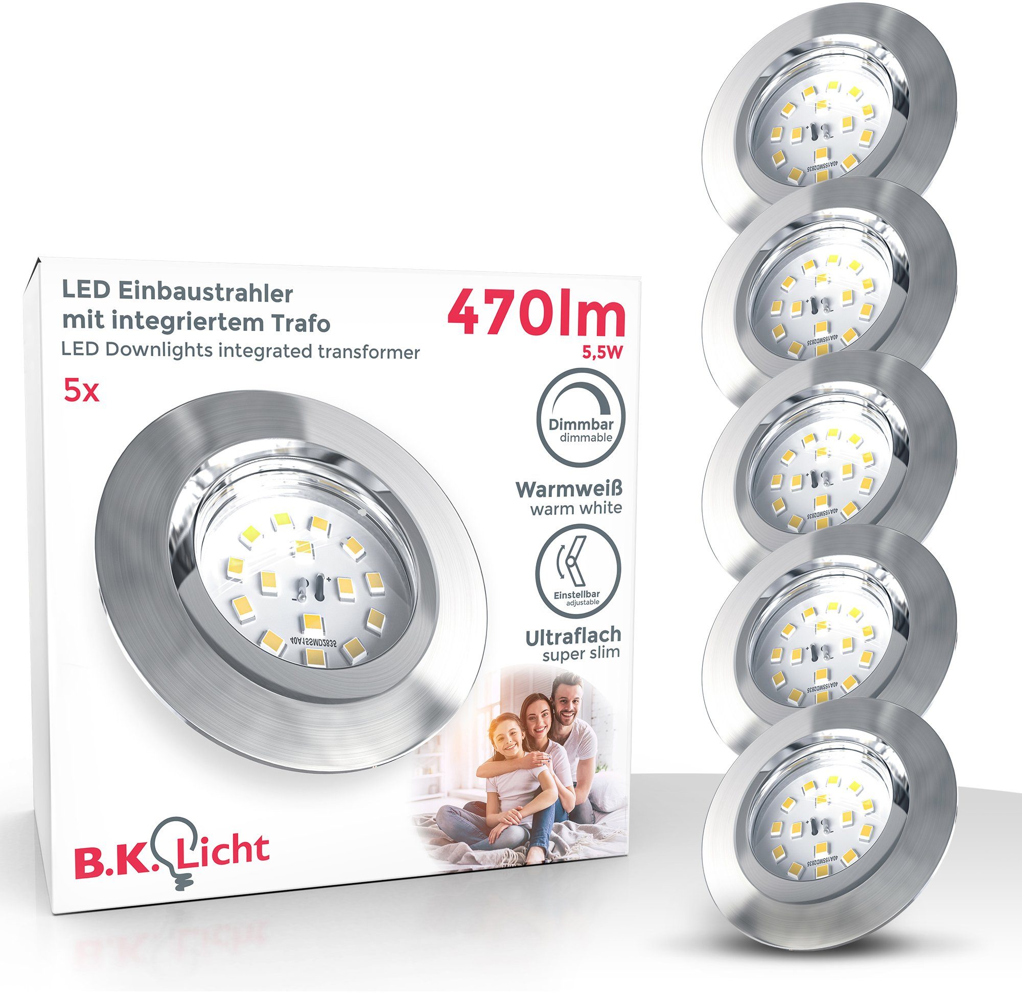B.K.Licht LED Einbauleuchte, LED dimmbar, fest integriert, 3-stufig, Wandschalter, Warmweiß, LED schwenkbar Einbaustrahler