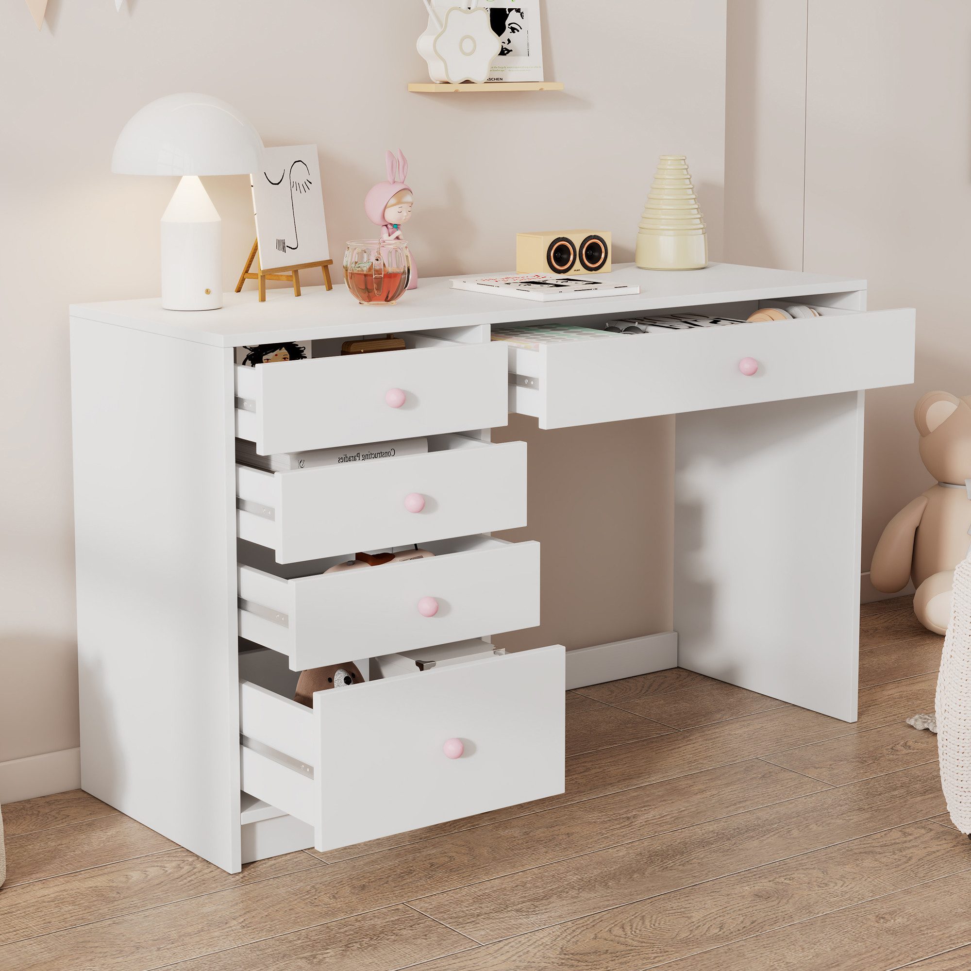 Flieks Schreibtisch mit 5 Schubladen und rosa Keramikgriffen (120×45×74 cm, 1-St), Computertisch Arbeitstisch Bürotisch aus MDF weiß