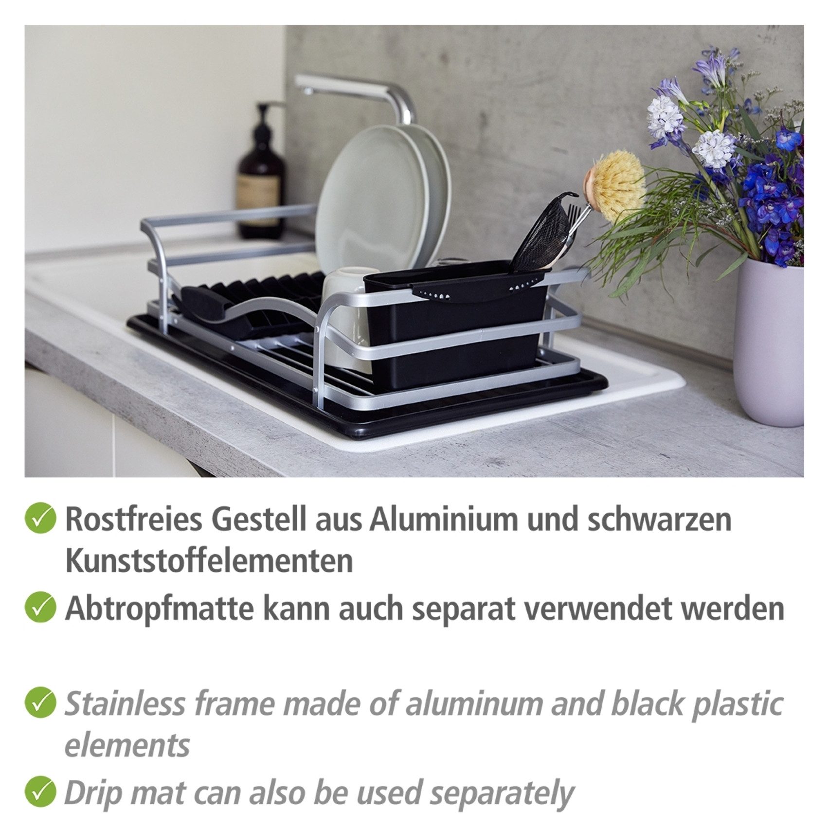 WENKO Geschirrständer Modell Alu, Geschirrabtropfer aus Aluminium & Kunststoff, abnehmbarer Besteckkorb