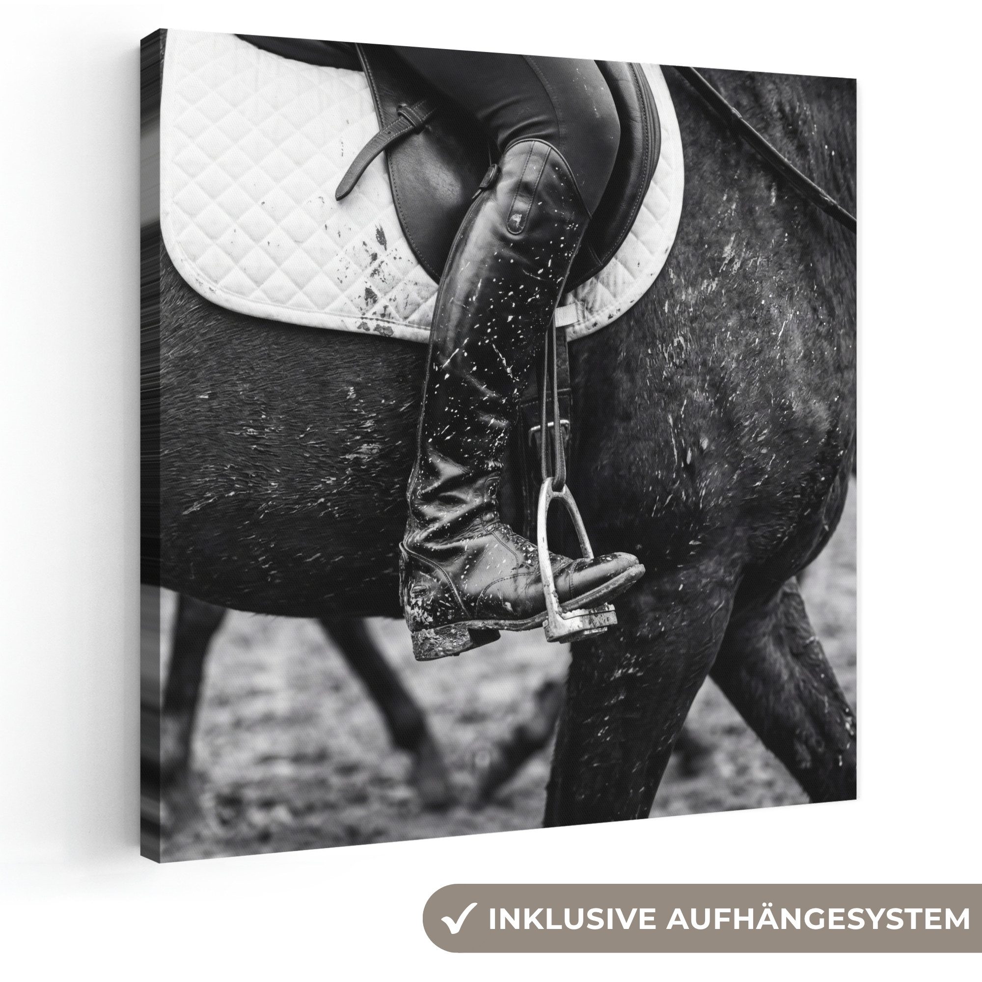 OneMillionCanvasses® Leinwandbild Pferd - Sport - Schwarz - Weiß, Fotodruck (1 St), Wandbild, Deko Schlafzimmer Wohnzimmer Flur 20x20 cm