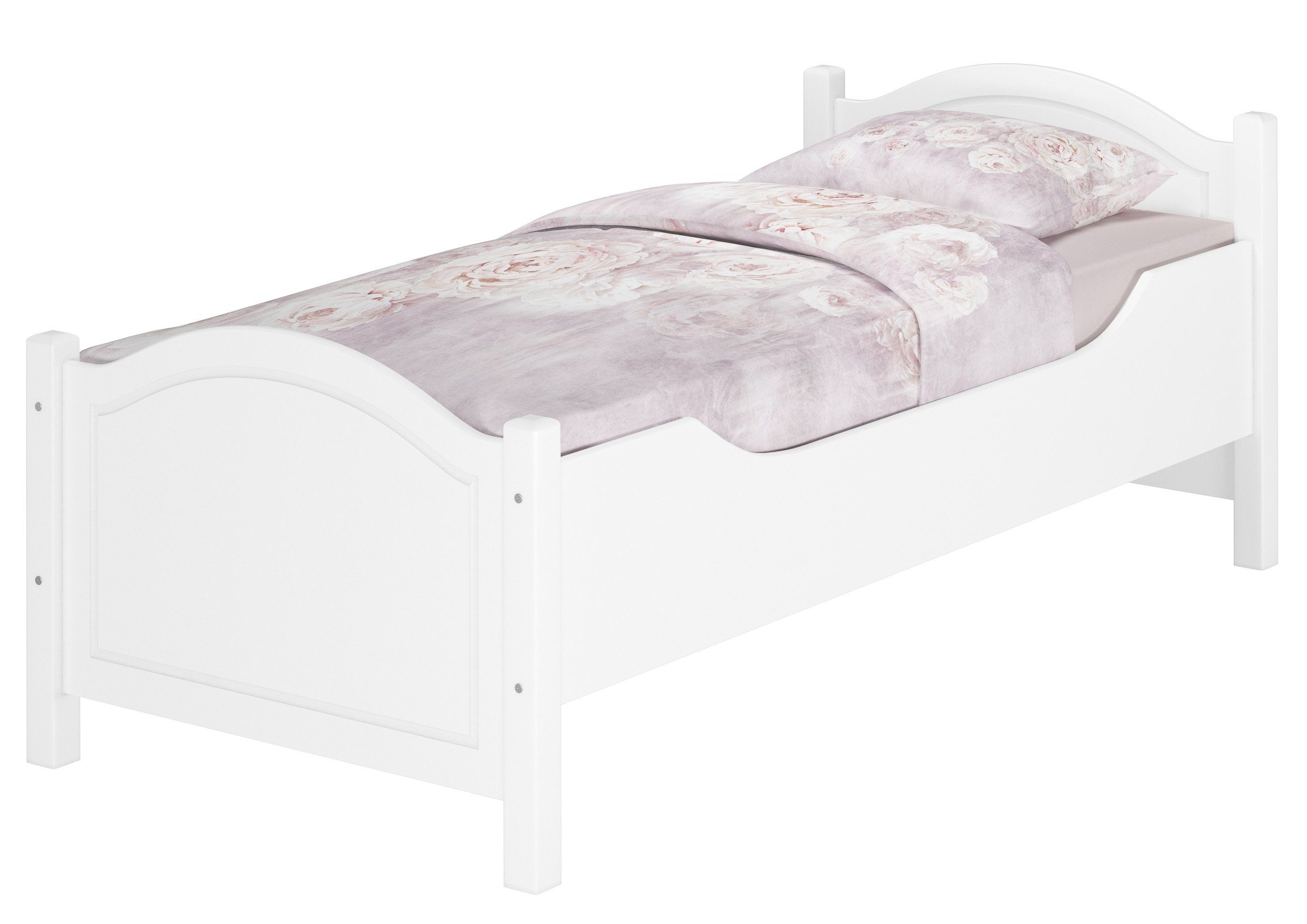 ERST-HOLZ Bett Weißes Einzelbett hoch Massivholz mit Federleisten und Matratze, Kieferwaschweiß