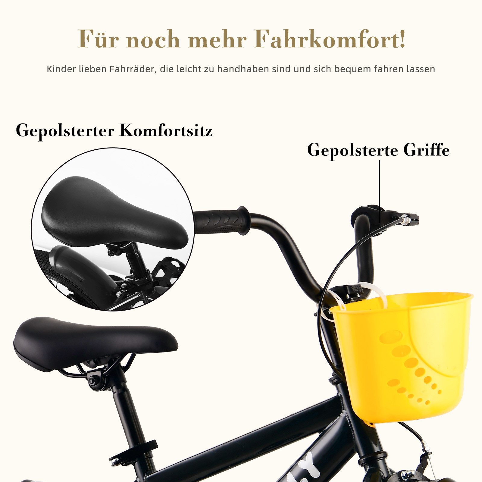 Vankel Kinderfahrrad Dinosaur 12-16 Zoll mit Stützrädern Rücktrittbremse, Handbremse, Korb, 1 Gang, für ca. 2-4 Jahre, 84-104 cm
