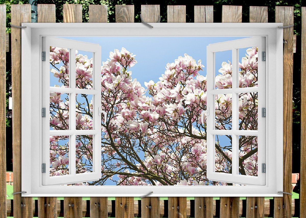 Thumbnail - Wallario Sichtschutzzaunmatten Schöne rosa Magnolien-Blüten vor blauem Himmel, mit Fenster-Illusion