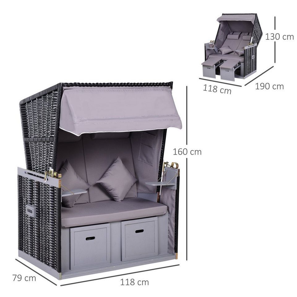 Outsunny Strandkorb Doppelte Sonnenliege mit Dach, BxTxH: 118x190x150 cm,  Halblieger, (Volllieger, 10-tlg., Gartenliege), 2-Sitzer, inkl. Klapptisch