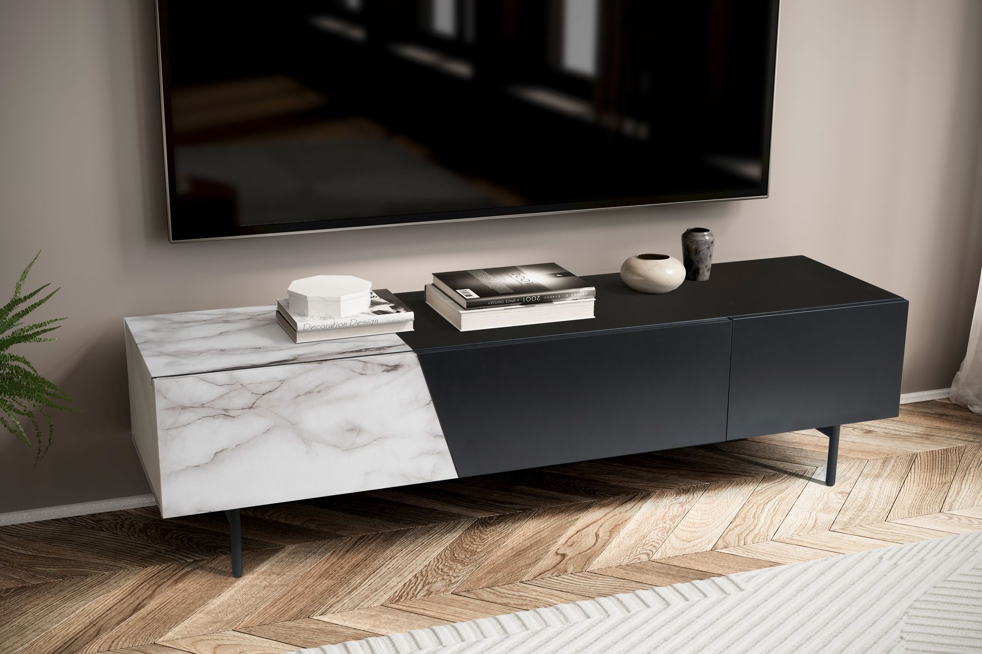 FINEBUY Lowboard FB56049 TV Schrank 150 cm Fernsehtisch Fernsehschrank Türen Schublade (TV-Kommode Niedrig, TV-Schrank Modern Fernsehtisch), Schwarz / Marmor-Dekor, 150x40x40 cm, zwei Türen