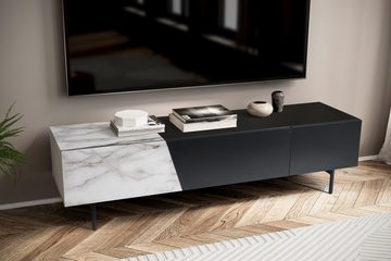 Wohnling Lowboard WL6.816 (Schwarz / Marmor-Dekor, 150x40x40 cm, zwei Türen), TV-Kommode Niedrig, TV-Schrank Modern Fernsehtisch