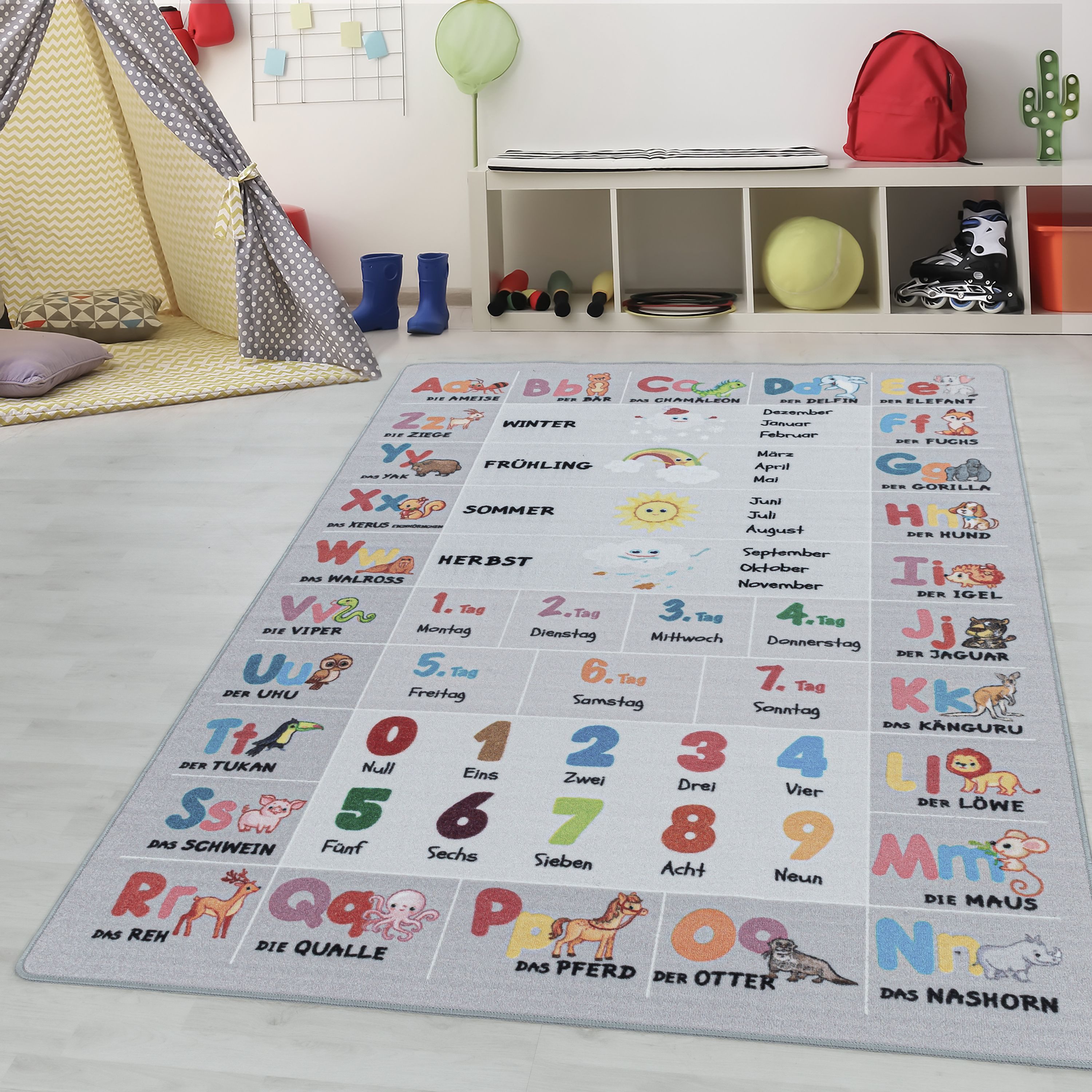 Teppium Teppich Alphabet - Buchstaben - Zahlen - Tiere, Rechteckig, Höhe: 7 mm, Teppich Kinderzimmer Alphabet-Buchstaben Rutschfest Waschbar