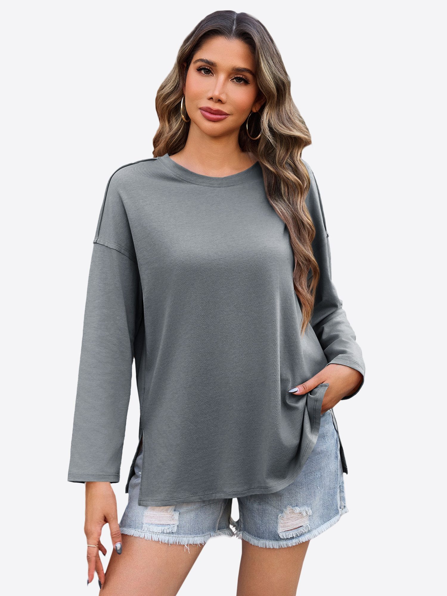 Imily Bela T-Shirt Damen Lockeres Langärmliges Hemd (Packung, 1-tlg., 1per-Pack) mit Rundhalsausschnitt