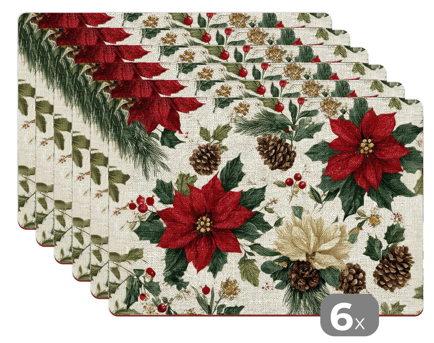 MuchoWow Platzset Festlich - Textilmuster - Weihnachtsblumen - Farbenfroh, (6-St), Platzsets, Tischset, Abwaschbar, Tischsets, Platzdeckchen