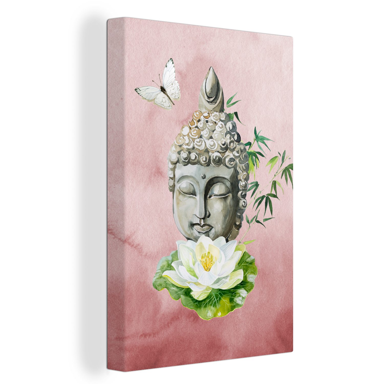 OneMillionCanvasses® Leinwandbild Buddha - Gesicht - Schmetterling, (1 St), Leinwandbild fertig bespannt inkl. Zackenaufhänger, Gemälde, 20x30 cm