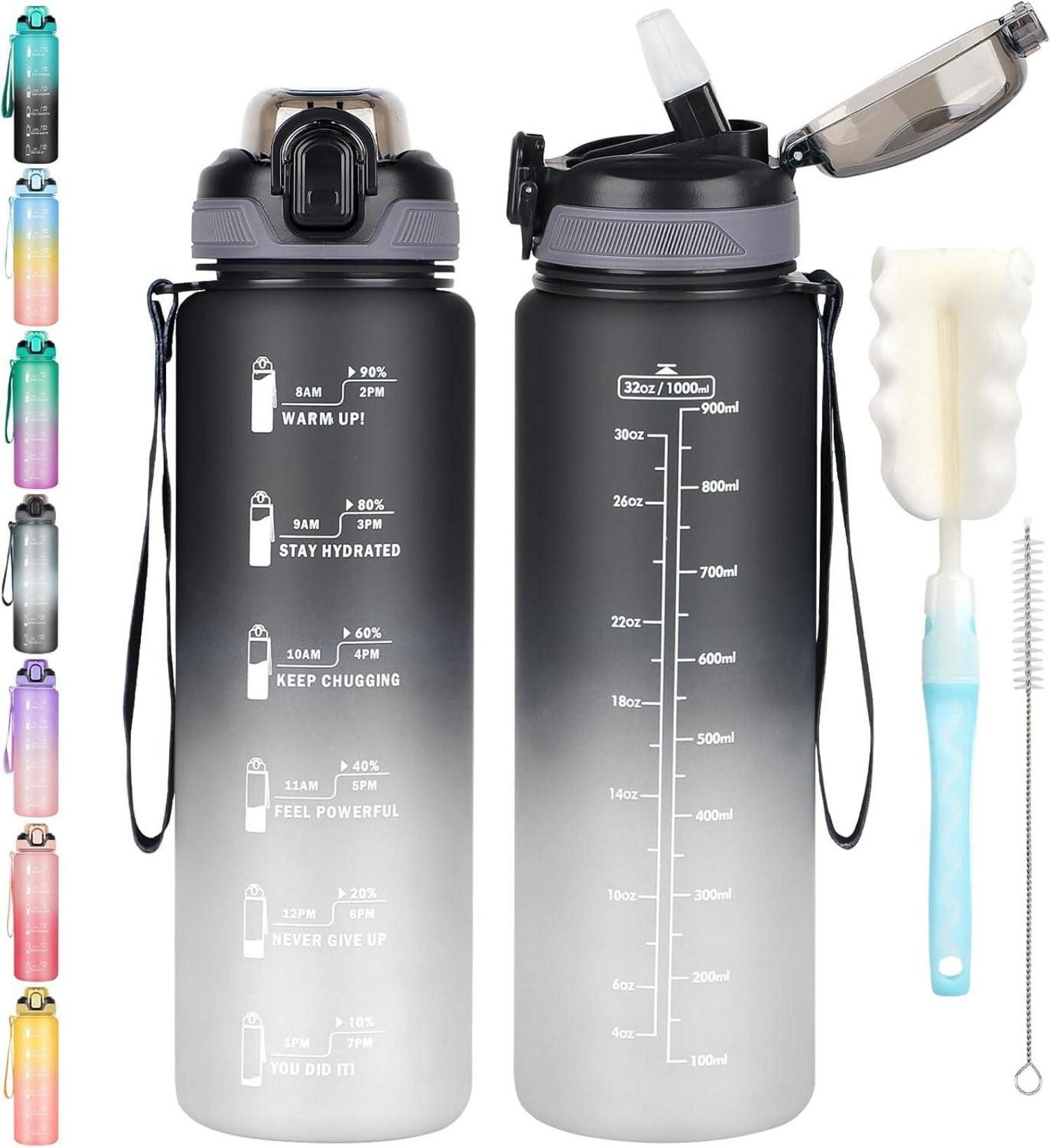 Becher Trinkflasche 1l mit Strohhalm, Auslaufsicher, Zeitmarkierung Schwarz