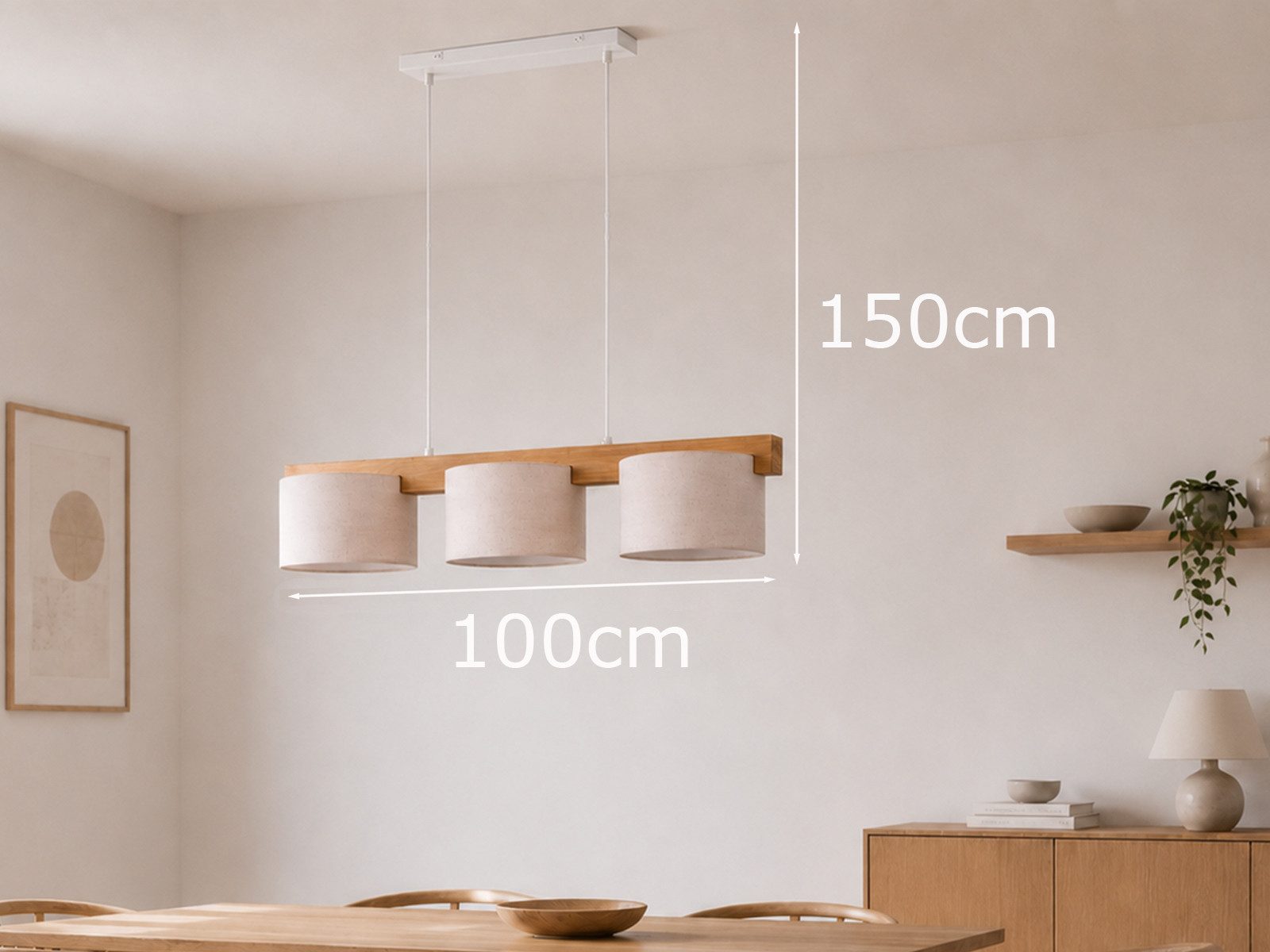 meineWunschleuchte mit Holz-Balken & Stoff, Breite 100cm, ohne Leuchtmittel, Esstisch-Lampe hängend, Holzlampe skandinavisch, Esszimmerlampe groß