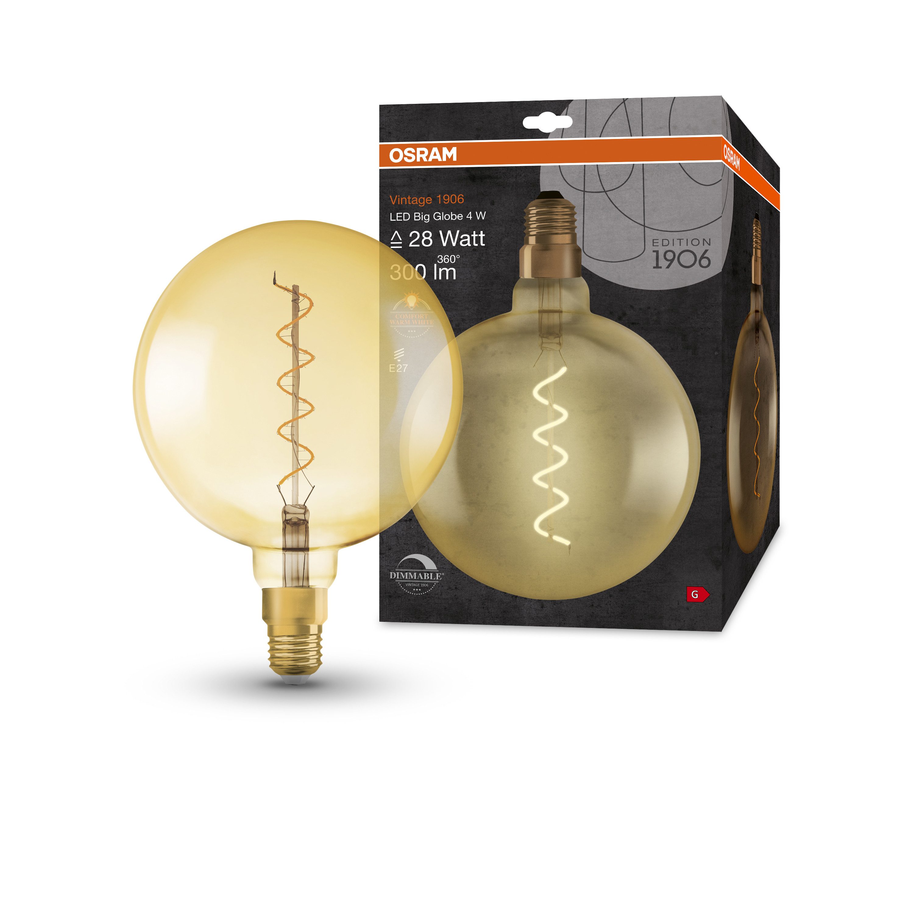 Ledvance LED-Leuchtmittel Vintage 1906 Big Globe 28 Filament DIM 4W 820 Gold E27, E27, 1 St., Warm Comfort Light, Lampe mit innovativer LED-"Filament"-Technologie