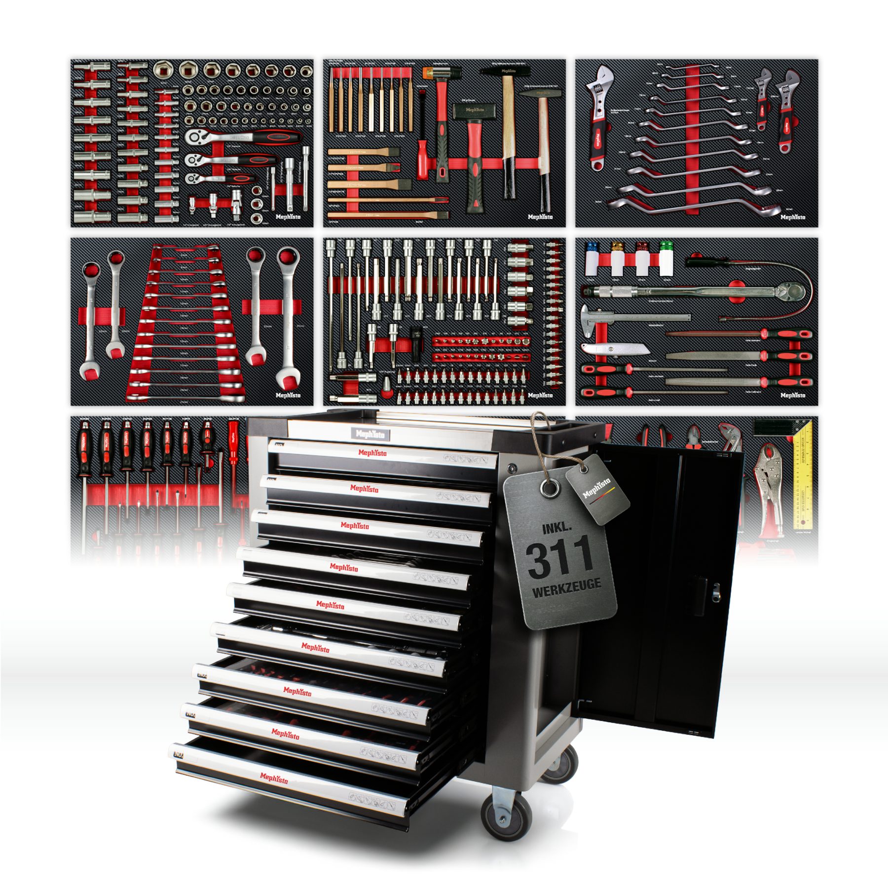 Mephisto-Tools Werkzeugwagen, (fertig montiert und bestückt), 9 abschließbare Schubladen, Werkzeug ist aus hochwertigem CRV
