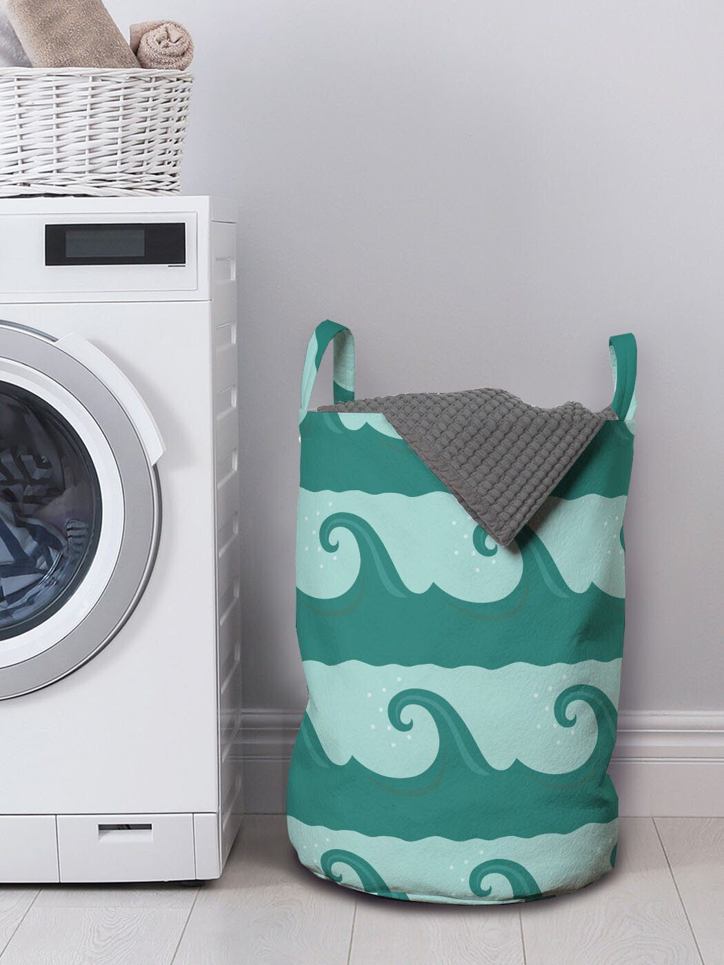 Abakuhaus Wäschesäckchen Wäschekorb mit Griffen Waves Fluss Ocean Nautisch Wirbelnde Waschsalons, Kordelzugverschluss für